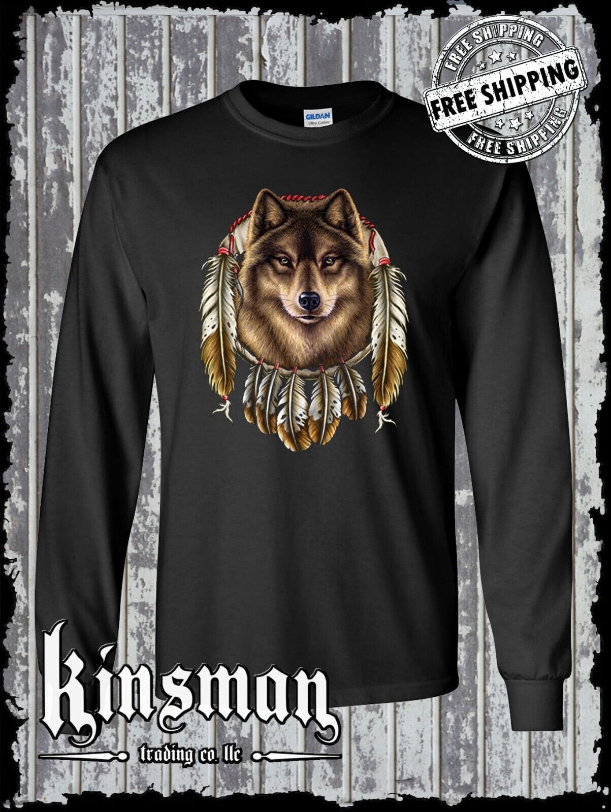 Wolf Dreamcatcher with Feathers Long Sleeve T-Shirt Native American Indian