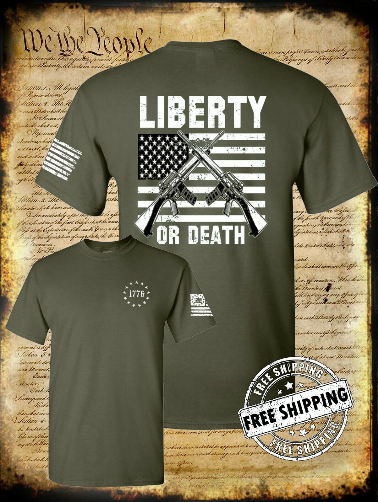 Liberty or Death American Flag AR-15 2 Sided T-Shirt - 2nd Amendment 1776 USA