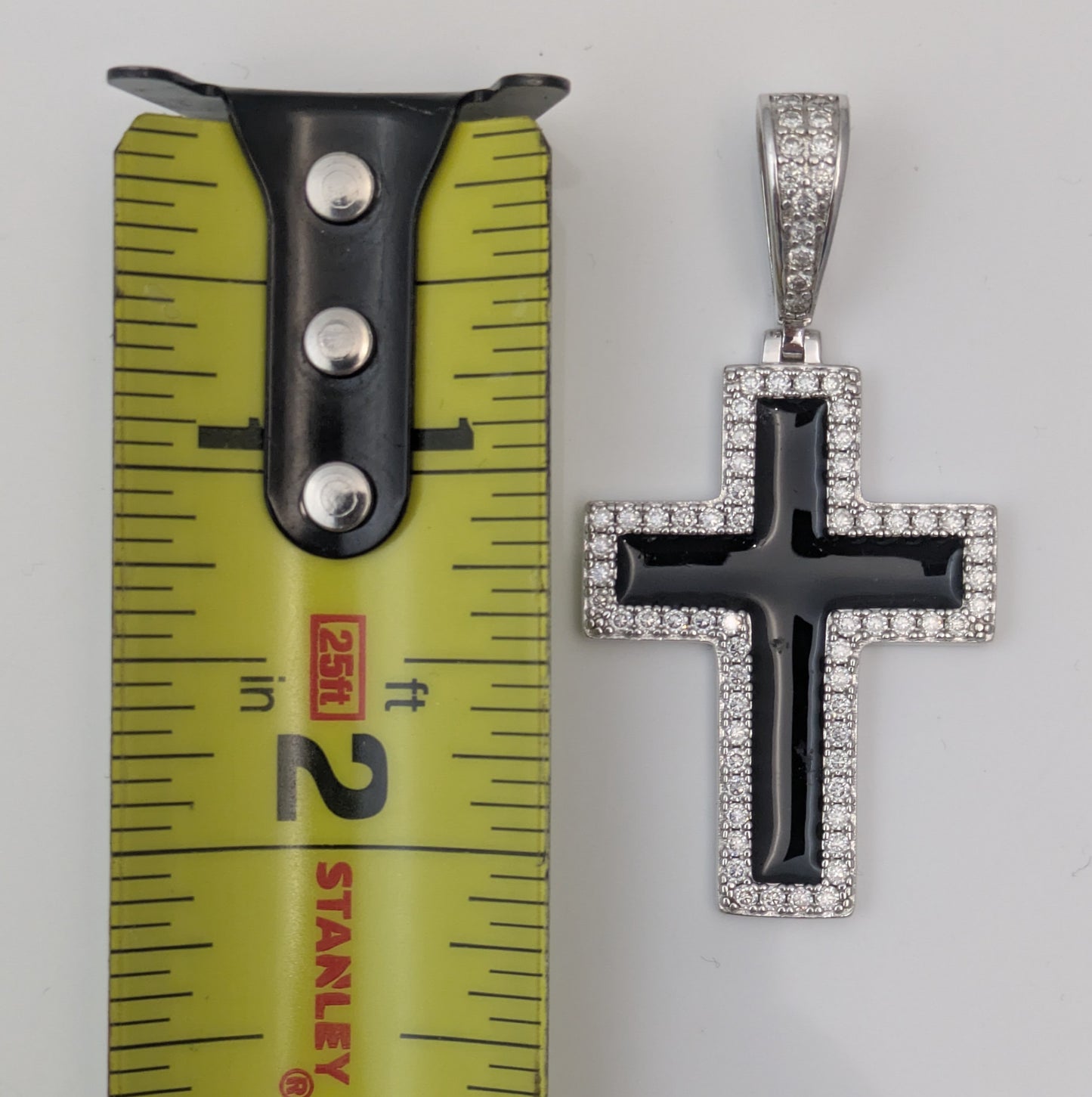 925 Sterling Silver Moissanite Cross Pendant / Charm Black Enamel Harlem Bling