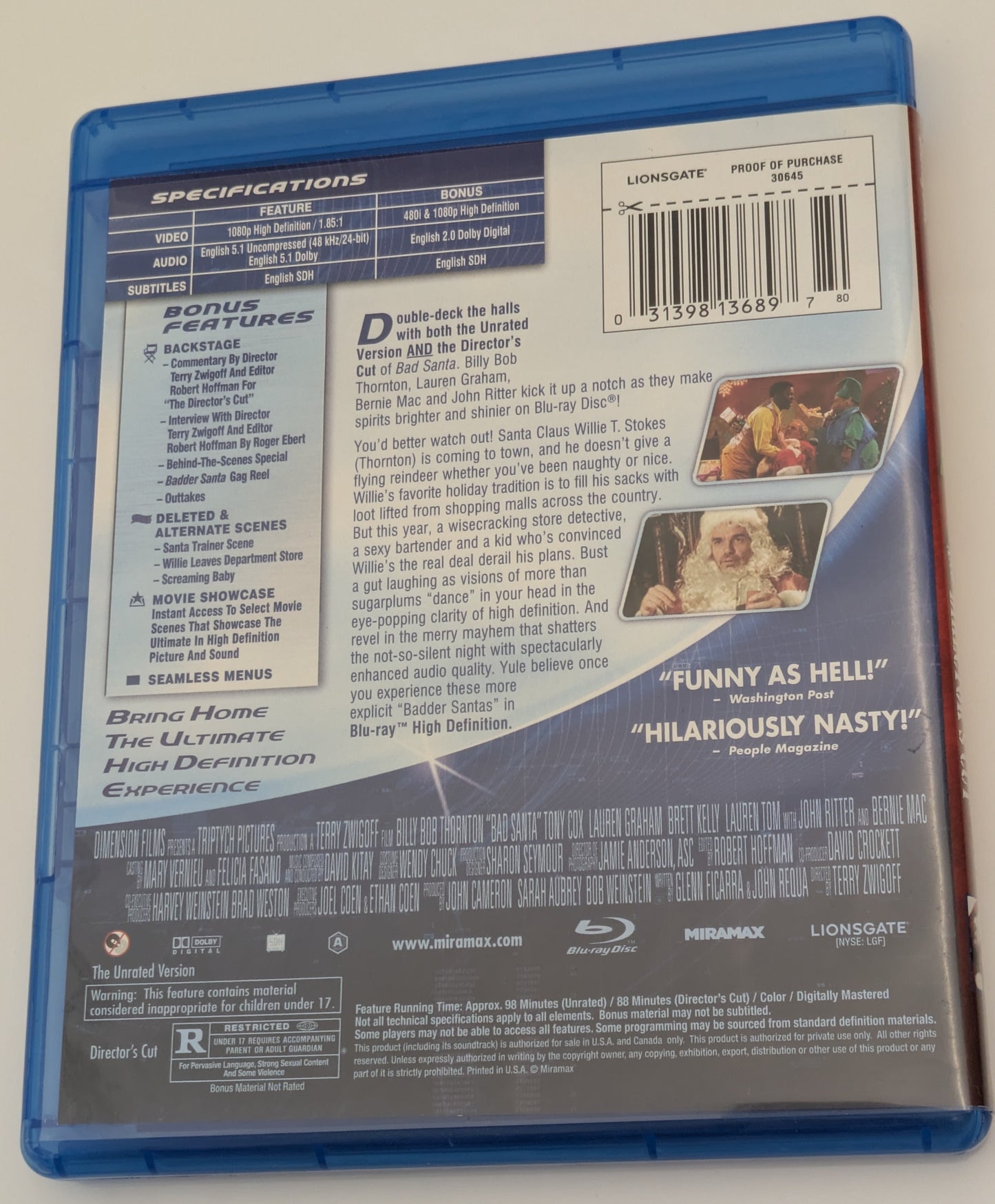 Bad Santa Blu Ray DVD Signed Autographed By Tony Cox, Terry Zwigoff, Lauren Tom