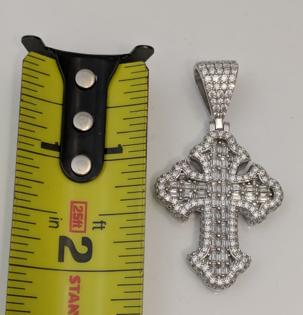 925 Sterling Silver Moissanite Cross Gothic Pendant / Charm Baquette Iced Bling