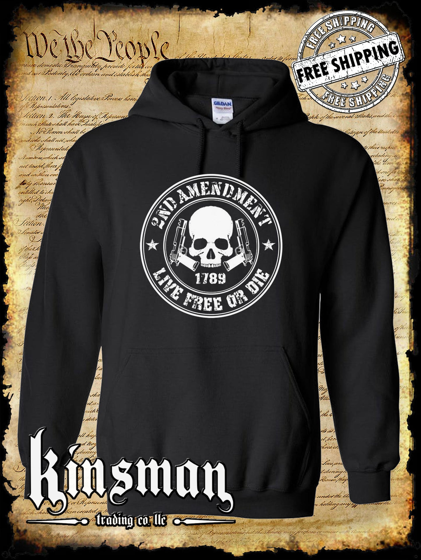 2nd Amendment Live Free or Die Skull & Pistols Hoodie - Pro Gun Firearm Rights