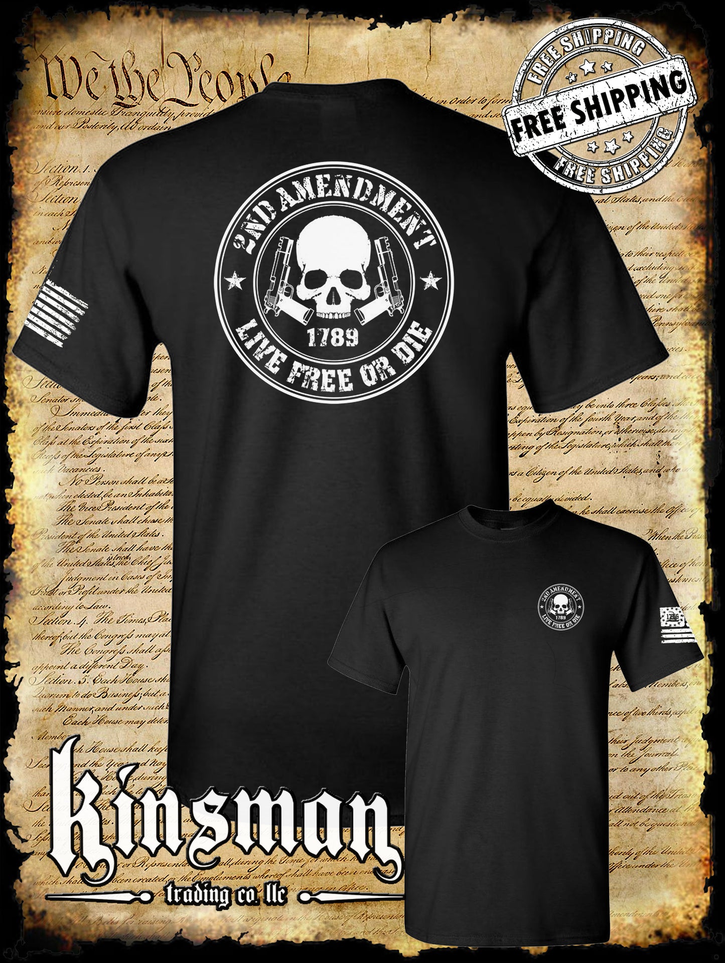 2nd Amendment Live Free or Die Skull & Pistols 2-Sided T-Shirt - Pro Gun Firearm Rights