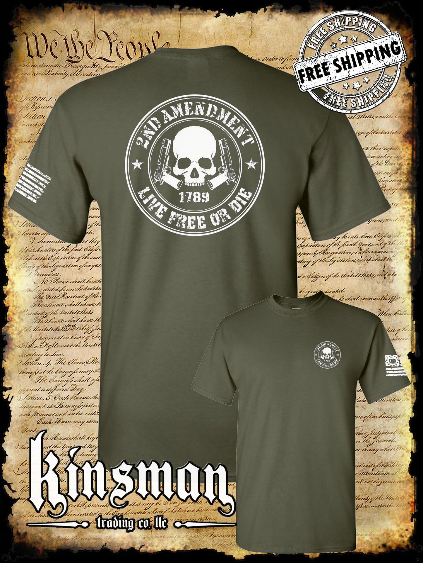 2nd Amendment Live Free or Die Skull & Pistols 2-Sided T-Shirt - Pro Gun Firearm Rights