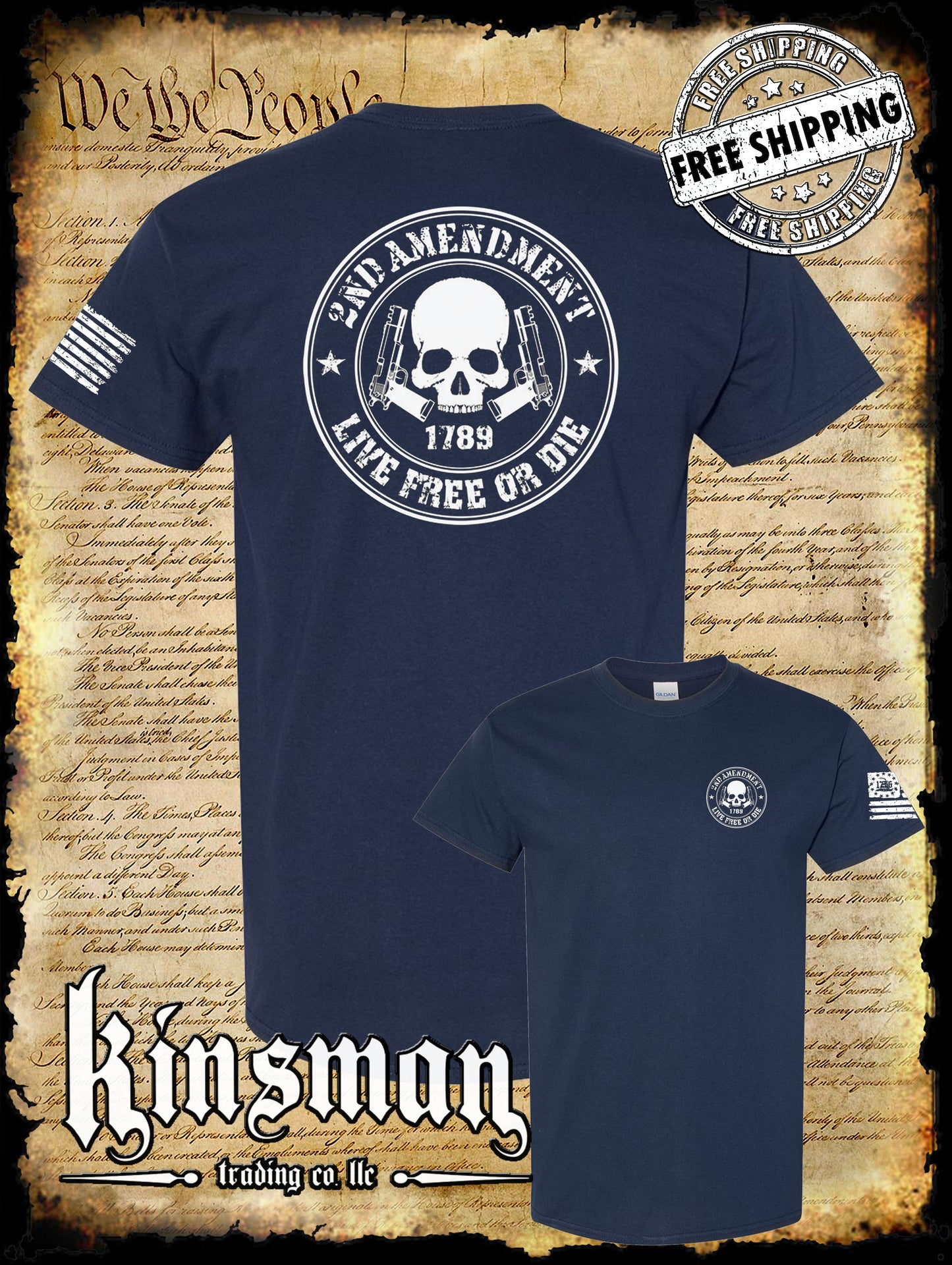 2nd Amendment Live Free or Die Skull & Pistols 2-Sided T-Shirt - Pro Gun Firearm Rights
