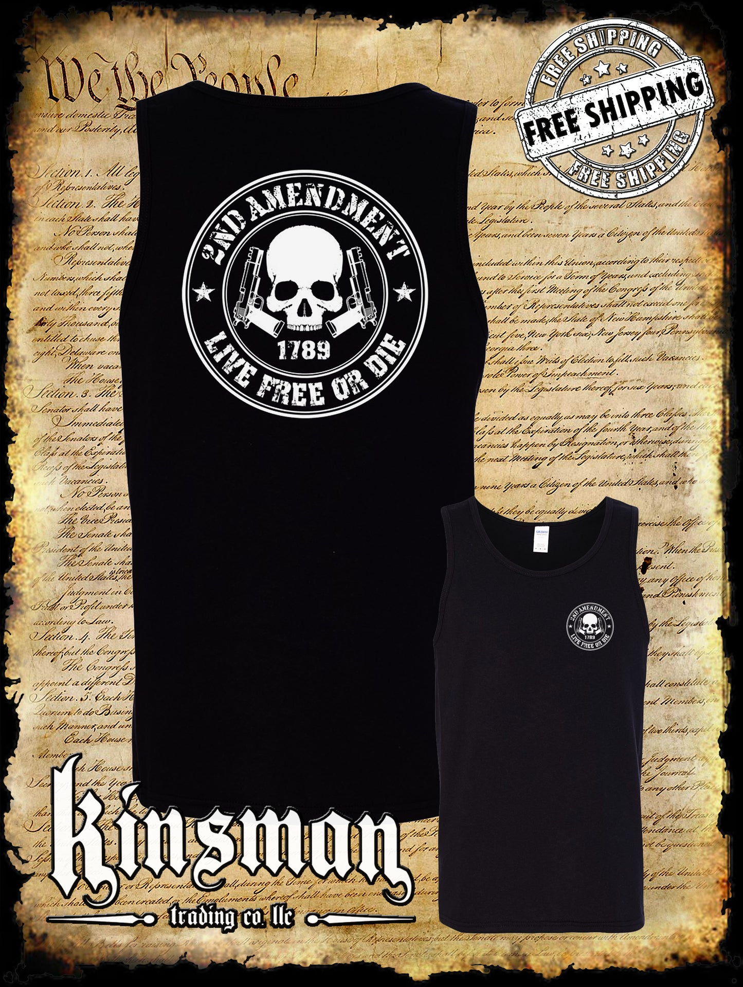 2nd Amendment Live Free or Die Skull & Pistols 2-Sided Tank Top T-Shirt - USA Freedom