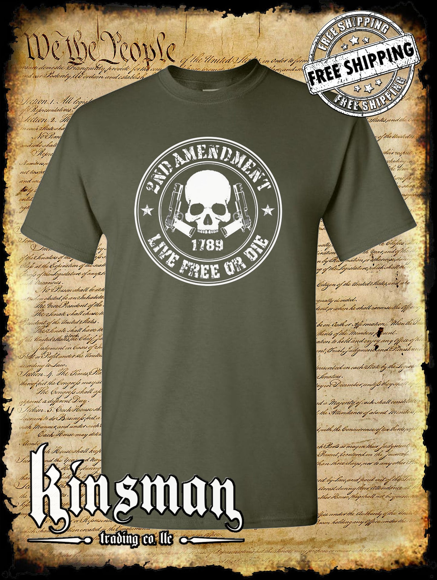 2nd Amendment Live Free or Die Skull & Pistols T-Shirt - Pro Gun Firearm Rights