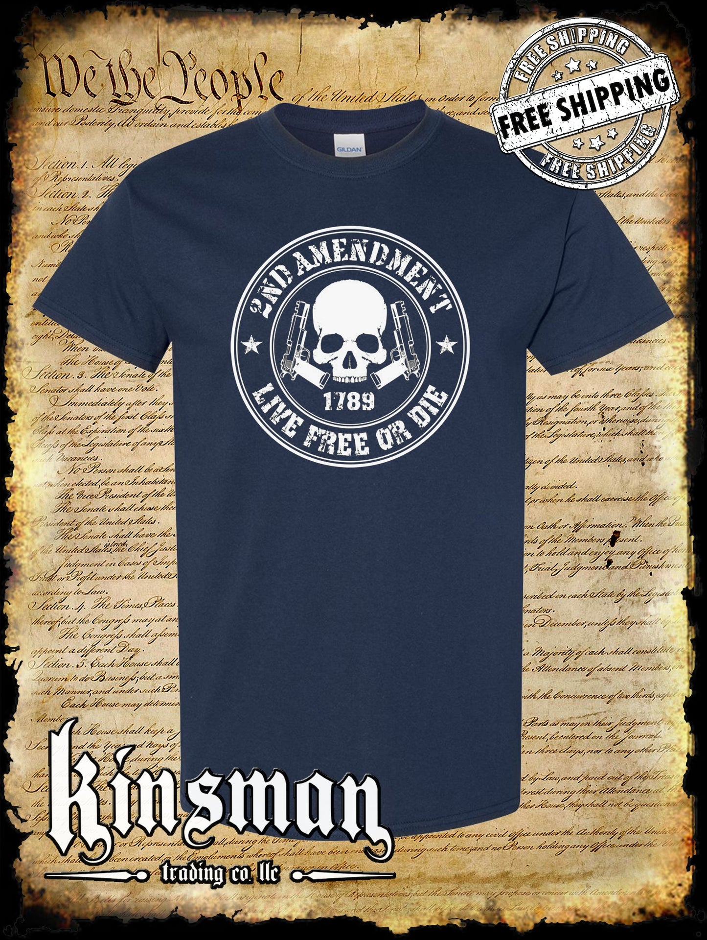 2nd Amendment Live Free or Die Skull & Pistols T-Shirt - Pro Gun Firearm Rights