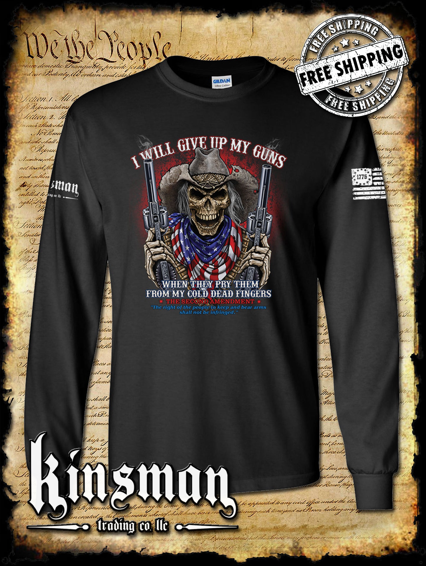2nd Amendment Cowboy Skull Long Sleeve T-Shirt / American Flag Bandana