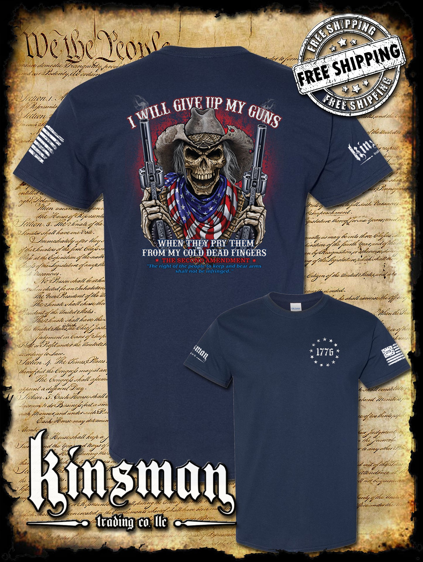 2nd Amendment Cowboy Skull 2-Sided T-Shirt / American Flag Bandana