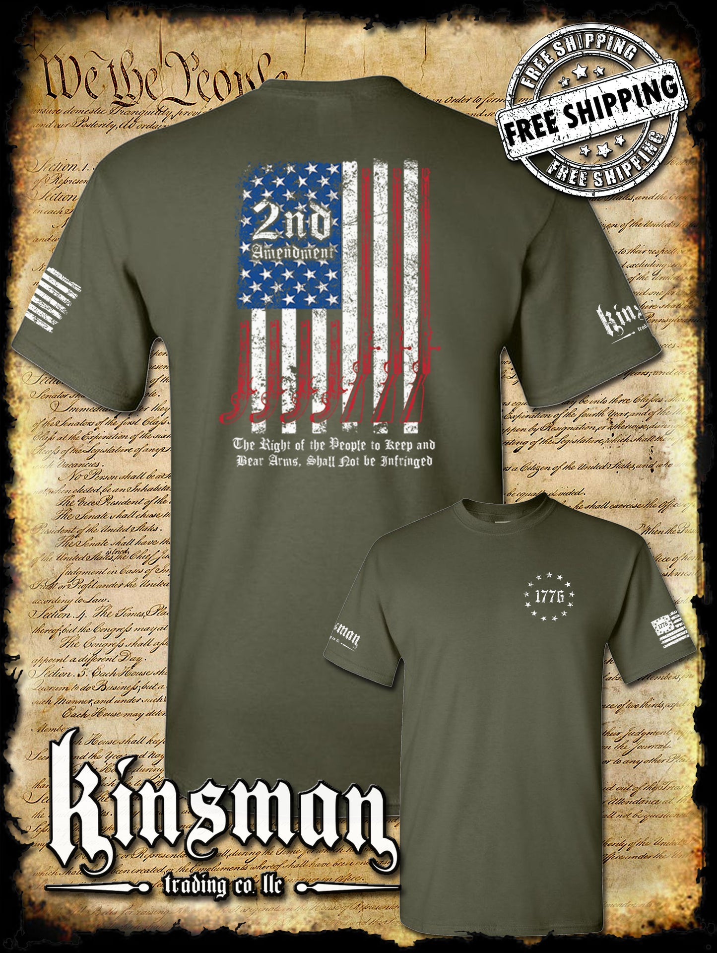 2nd Amendment Script 2-Sided T-Shirt Pro Gun Rights Keep & Bear Firearms American Flag