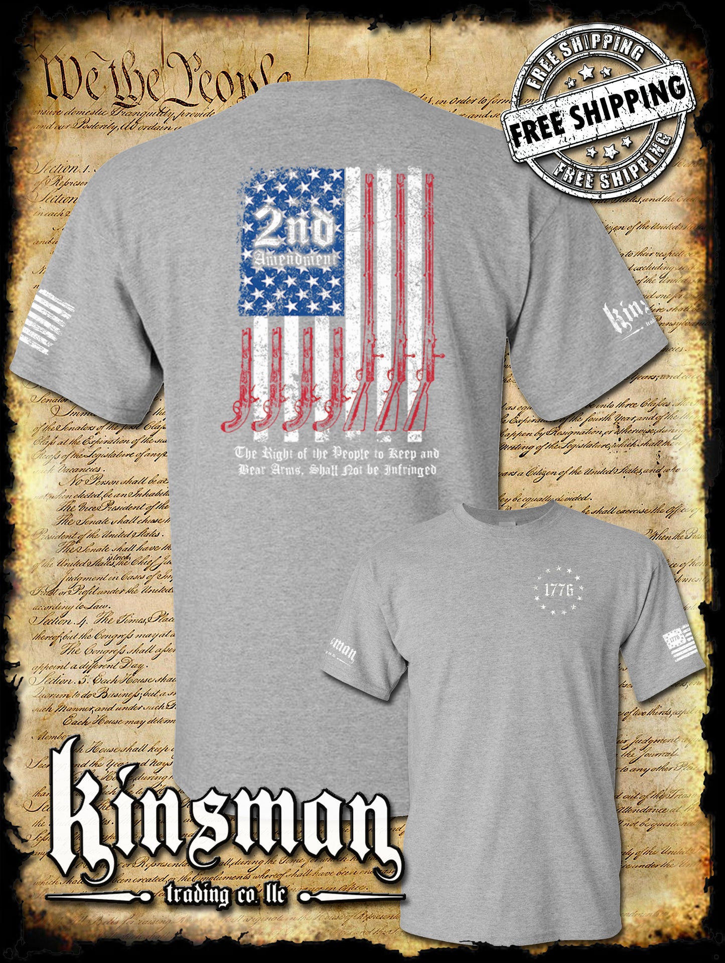 2nd Amendment Script 2-Sided T-Shirt Pro Gun Rights Keep & Bear Firearms American Flag