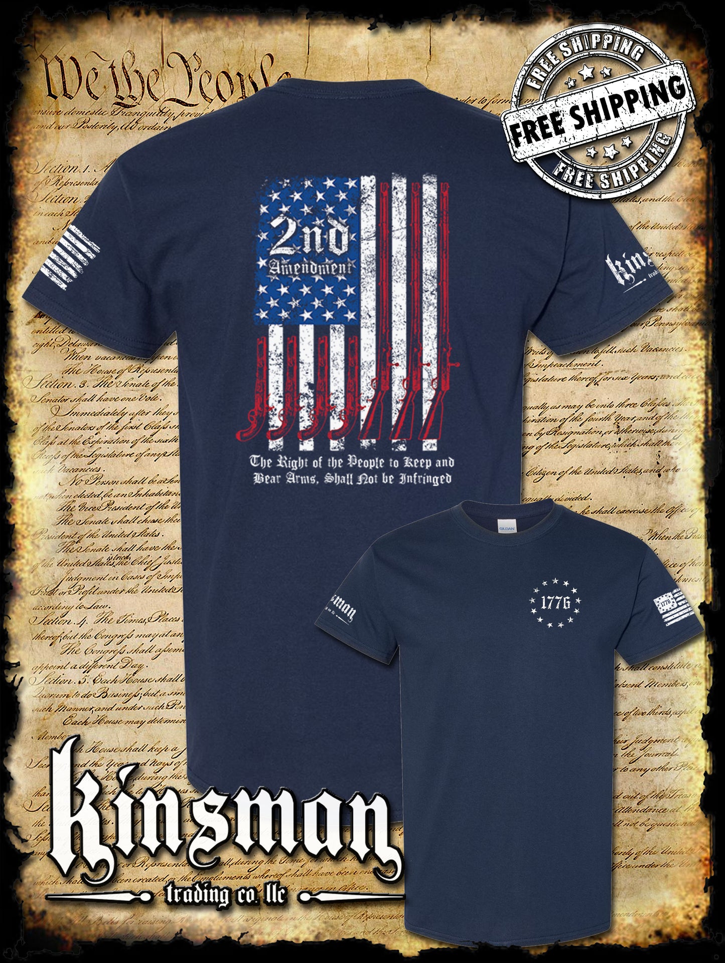 2nd Amendment Script 2-Sided T-Shirt Pro Gun Rights Keep & Bear Firearms American Flag