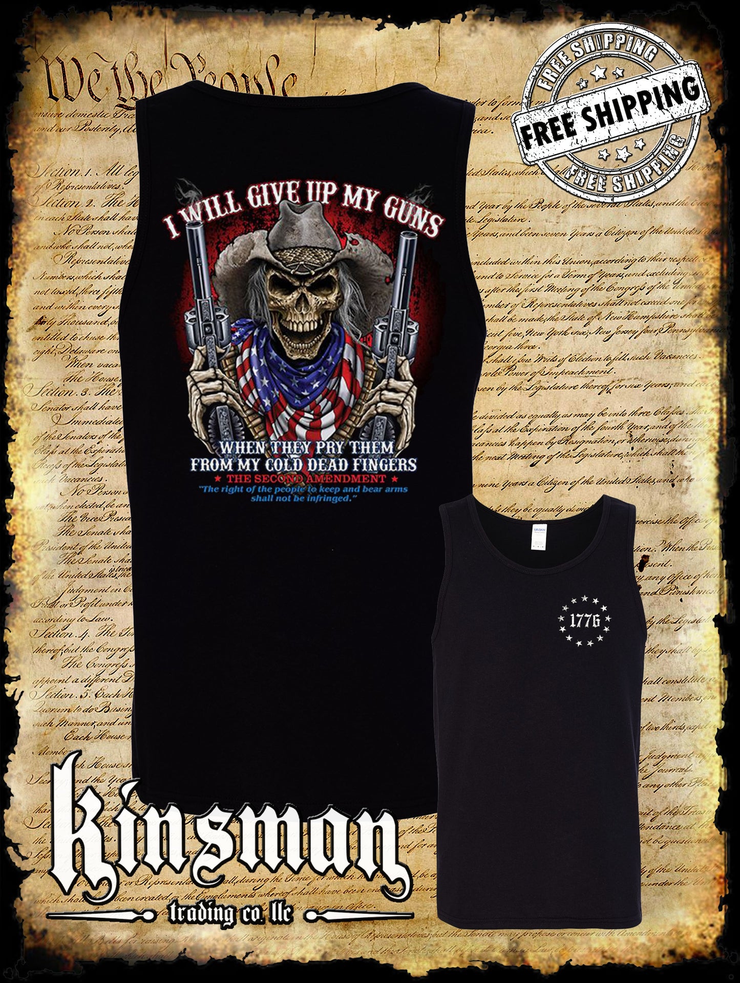 2nd Amendment Cowboy Skull 2-Sided Tank Top T-Shirt / American Flag Bandana