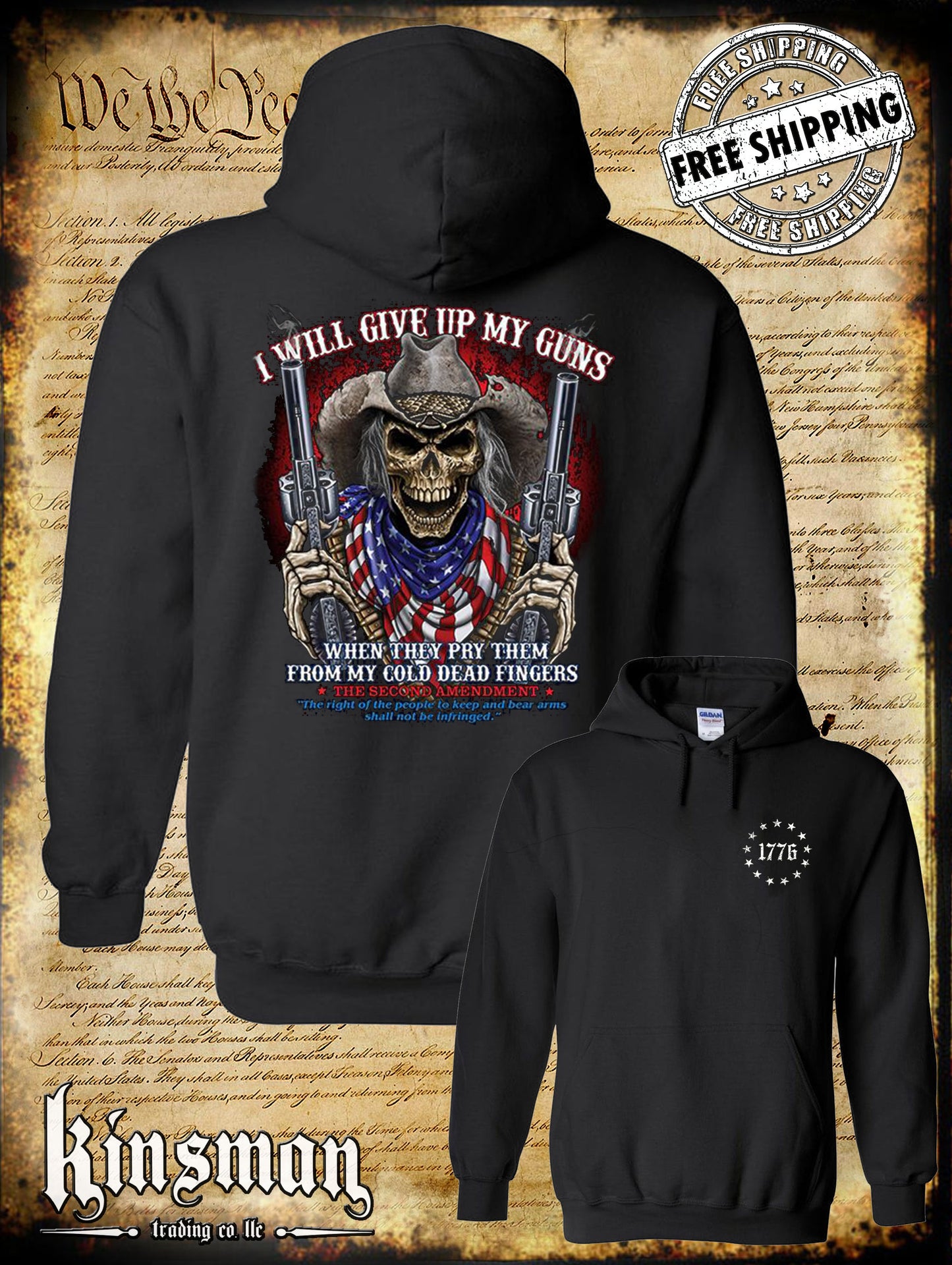 2nd Amendment Cowboy Skull 2-Sided Hoodie / Sweatshirt American Flag Bandana