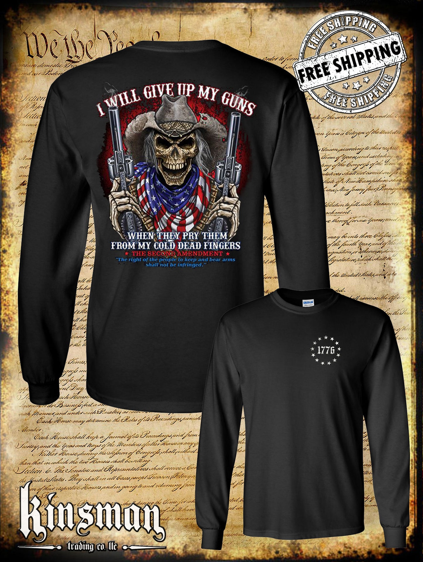 2nd Amendment Cowboy Skull 2-Sided Long Sleeve T-Shirt / American Flag Bandana