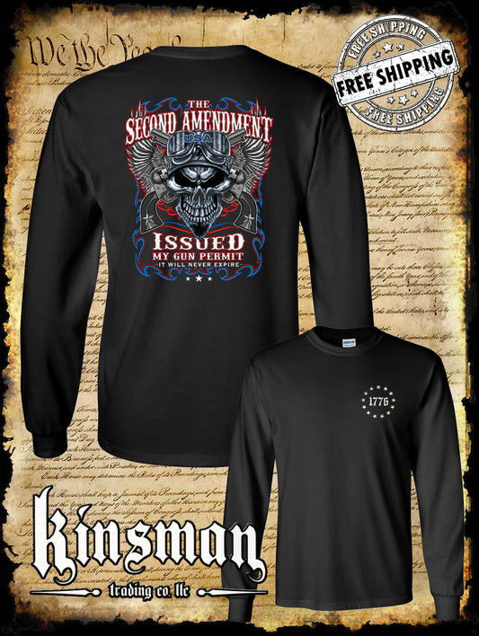 2nd Amendment Issued My Gun Permit 2-Sided Long Sleeve T-Shirt Never Expires Skull Biker Wings USA