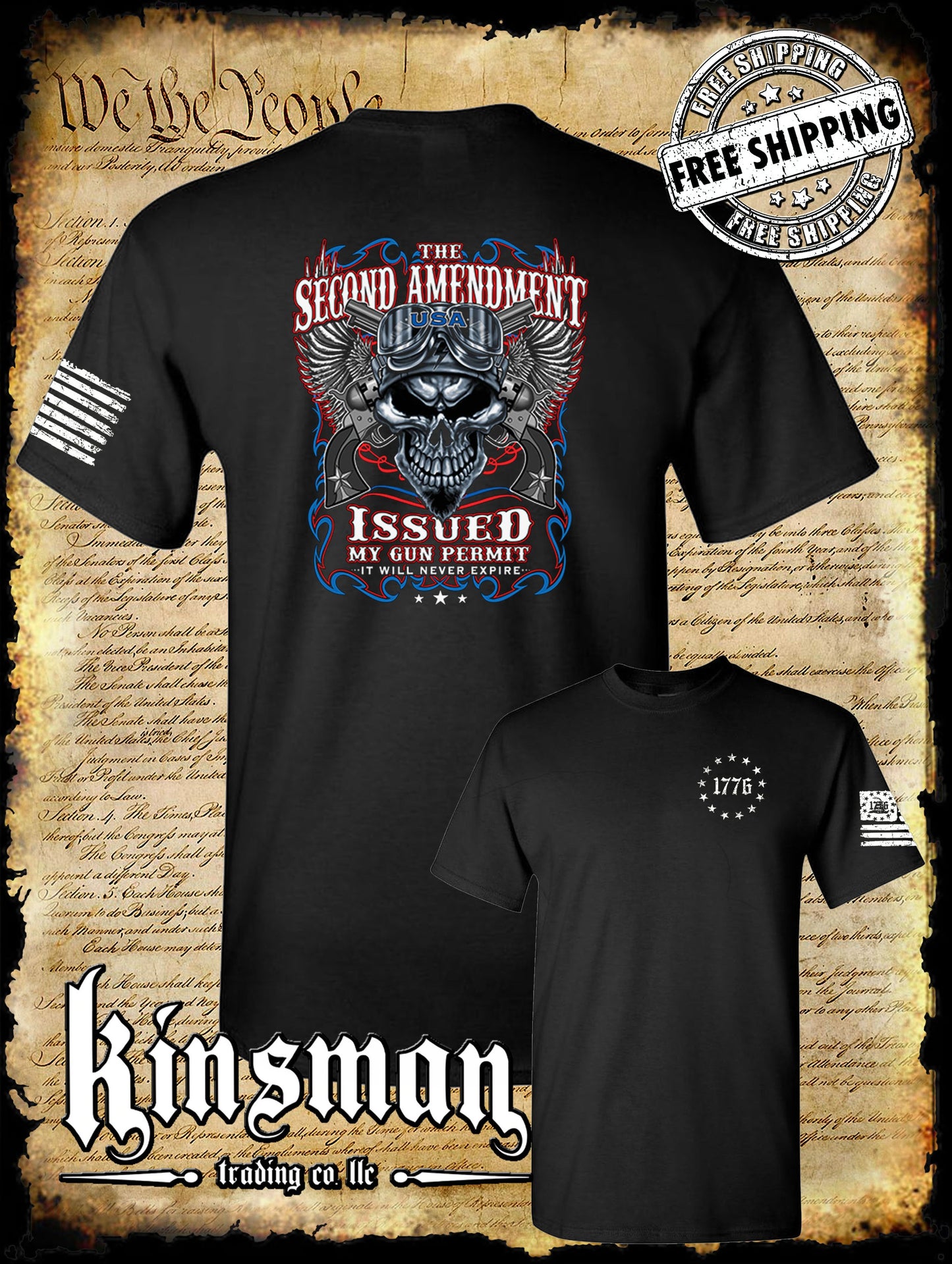2nd Amendment Issued My Gun Permit 2-Sided T-Shirt Never Expires Skull Biker Wings USA