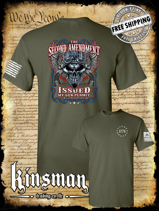 2nd Amendment Issued My Gun Permit 2-Sided T-Shirt Never Expires Skull Biker Wings USA