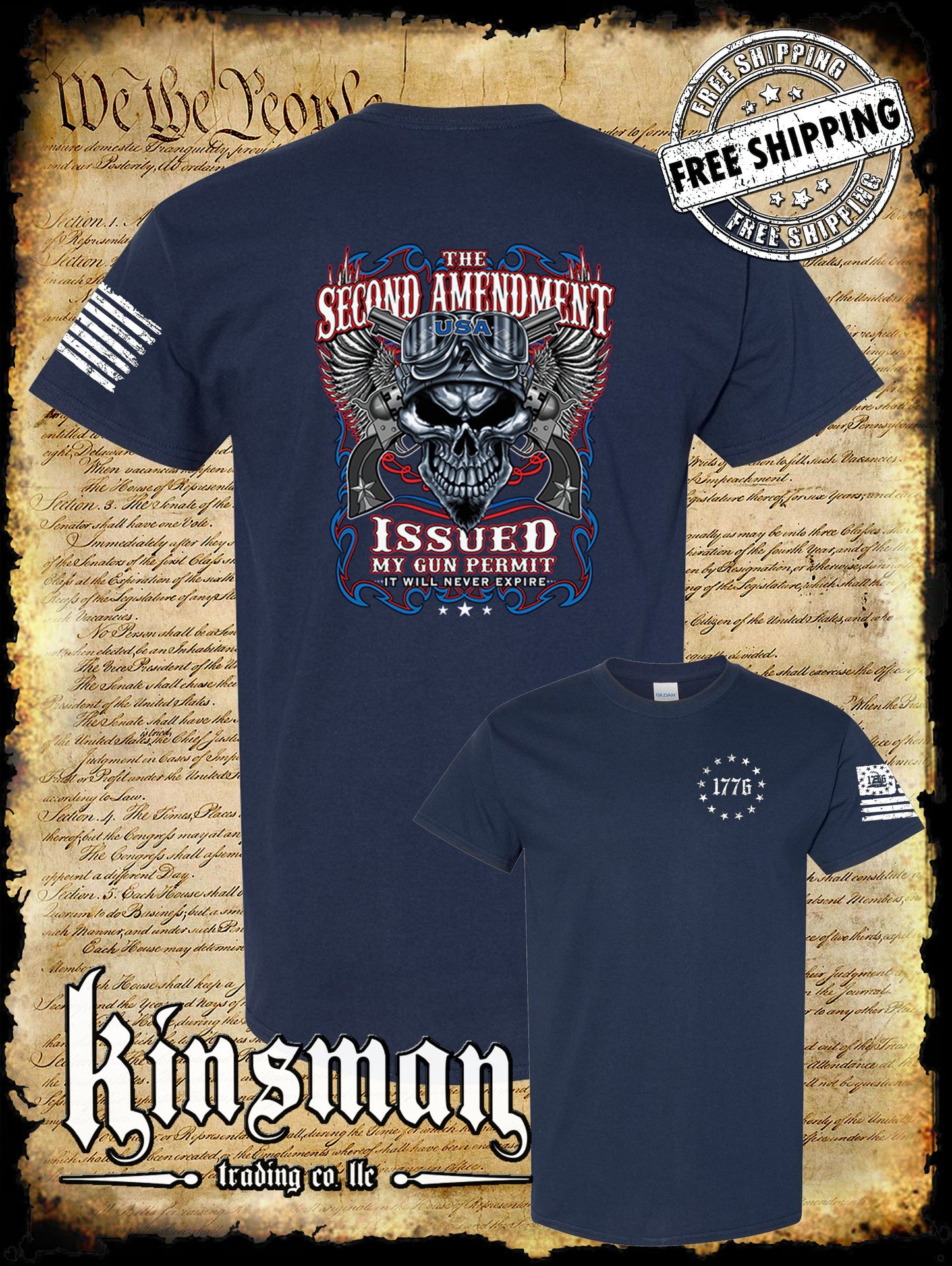2nd Amendment Issued My Gun Permit 2-Sided T-Shirt Never Expires Skull Biker Wings USA
