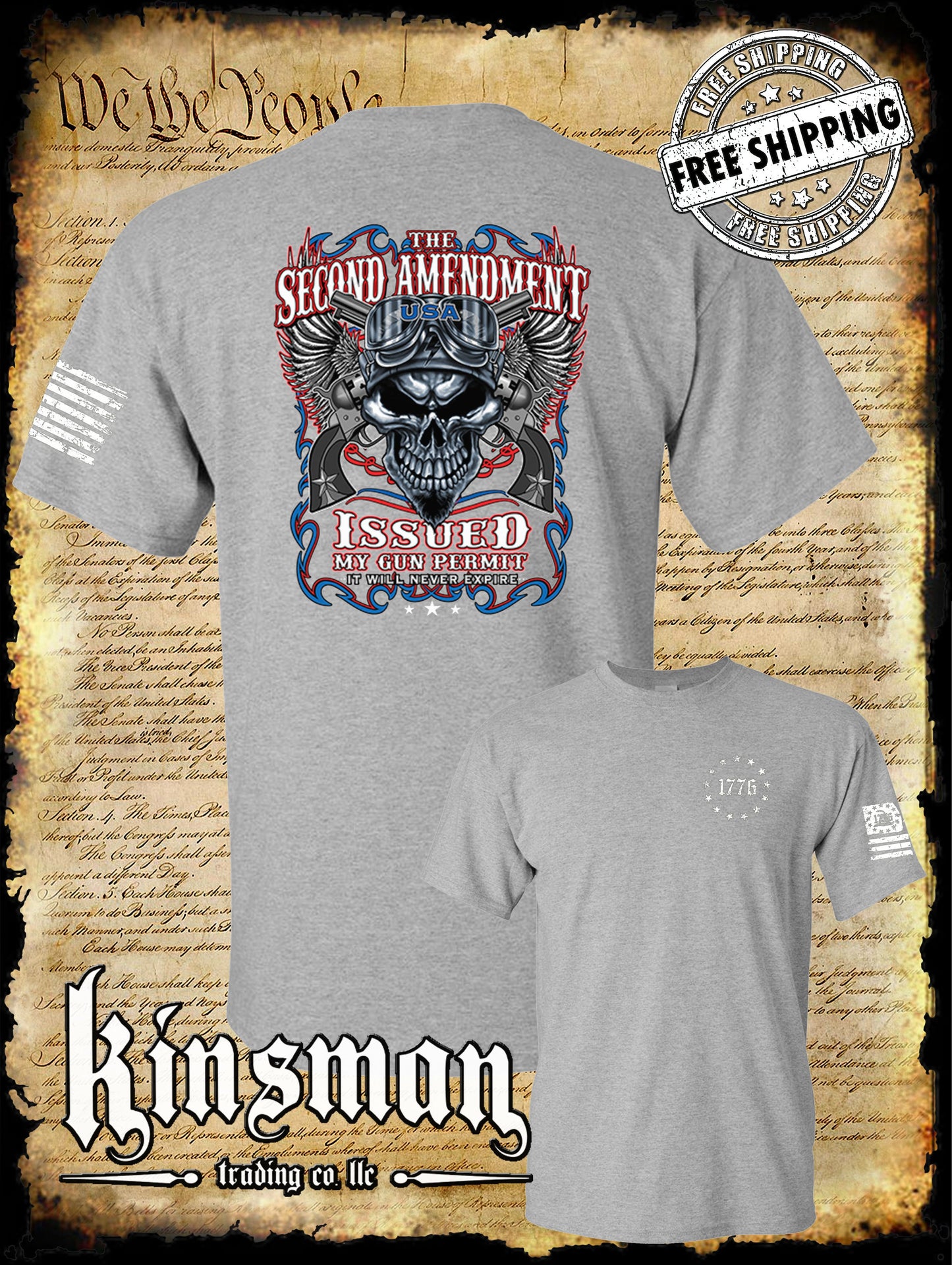 2nd Amendment Issued My Gun Permit 2-Sided T-Shirt Never Expires Skull Biker Wings USA