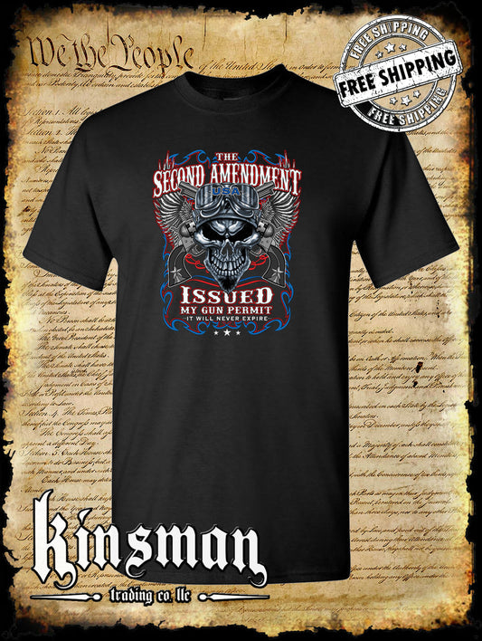 2nd Amendment Issued My Gun Permit T-Shirt Never Expires Skull Biker Wings USA