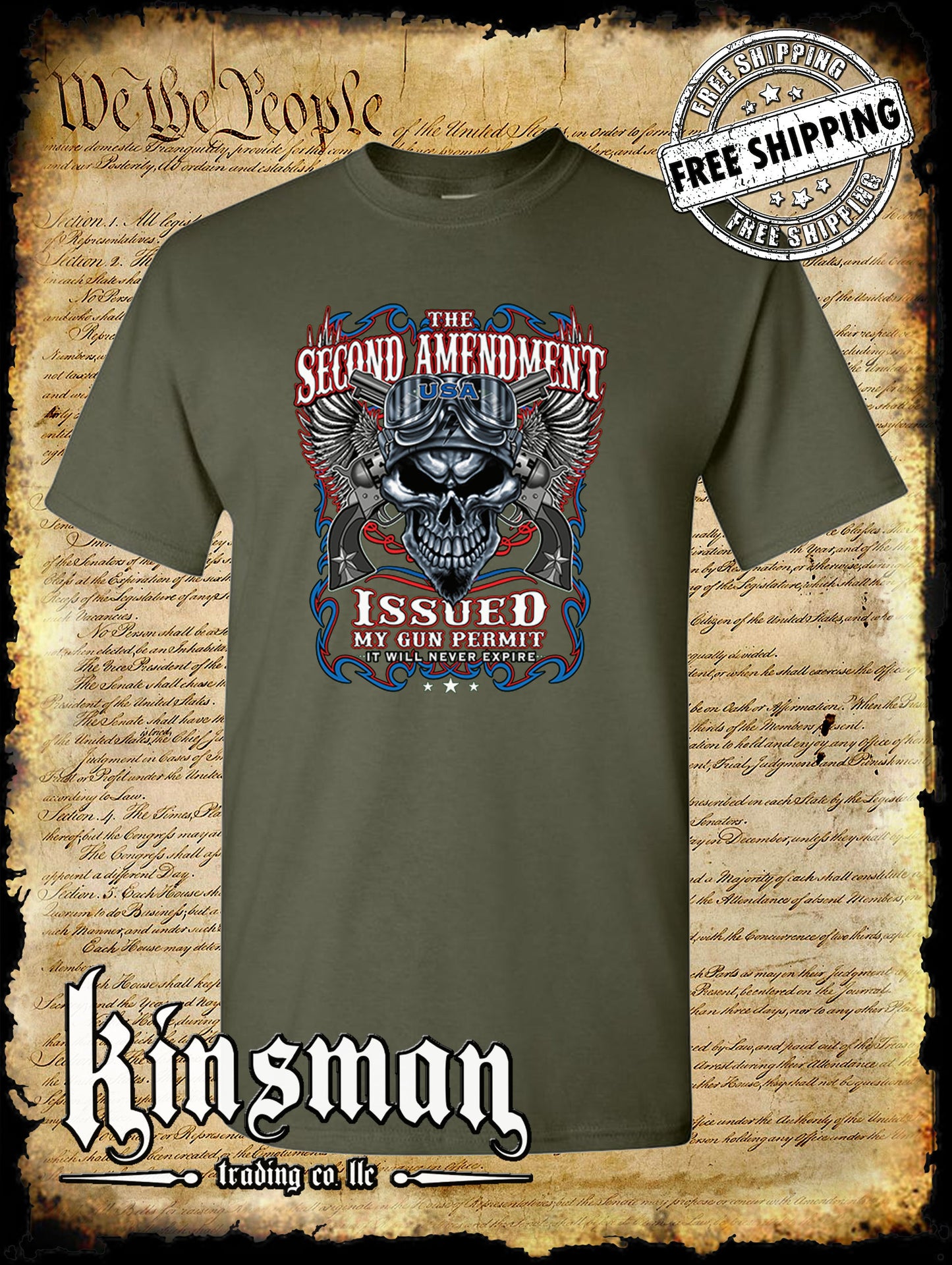 2nd Amendment Issued My Gun Permit T-Shirt Never Expires Skull Biker Wings USA