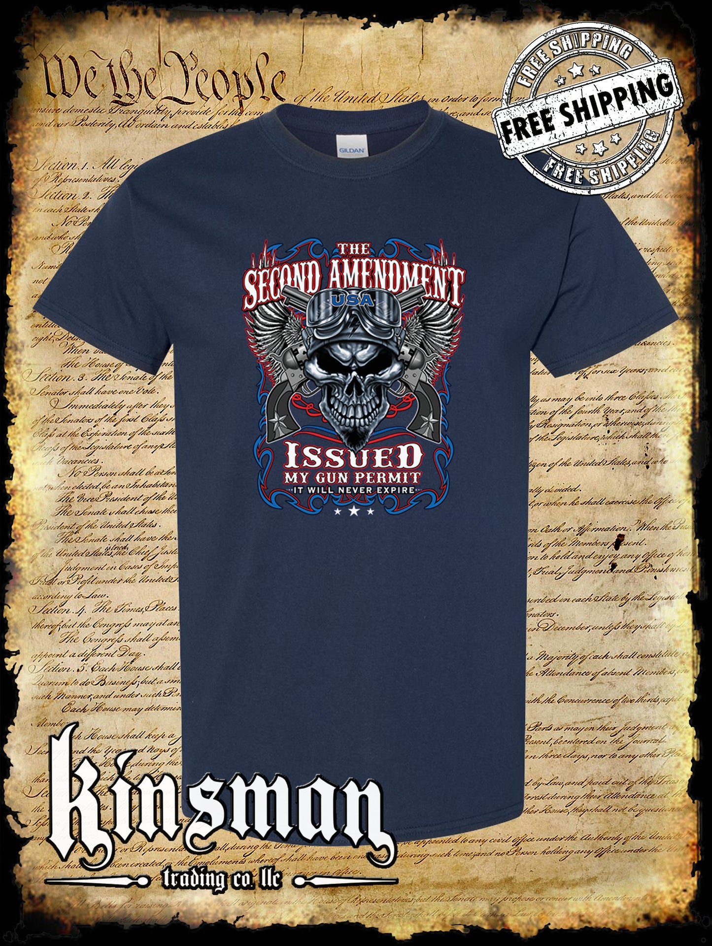 2nd Amendment Issued My Gun Permit T-Shirt Never Expires Skull Biker Wings USA