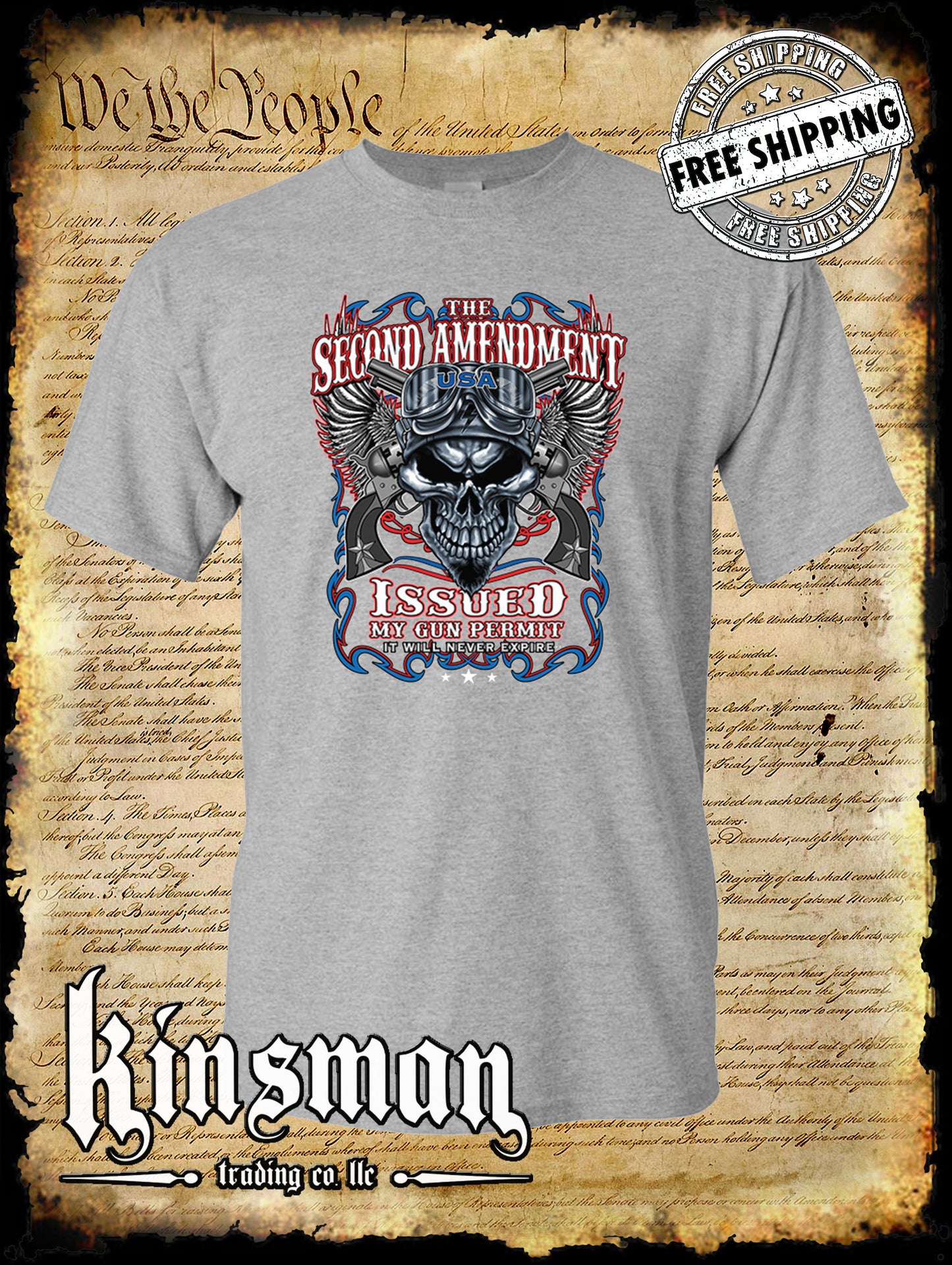 2nd Amendment Issued My Gun Permit T-Shirt Never Expires Skull Biker Wings USA