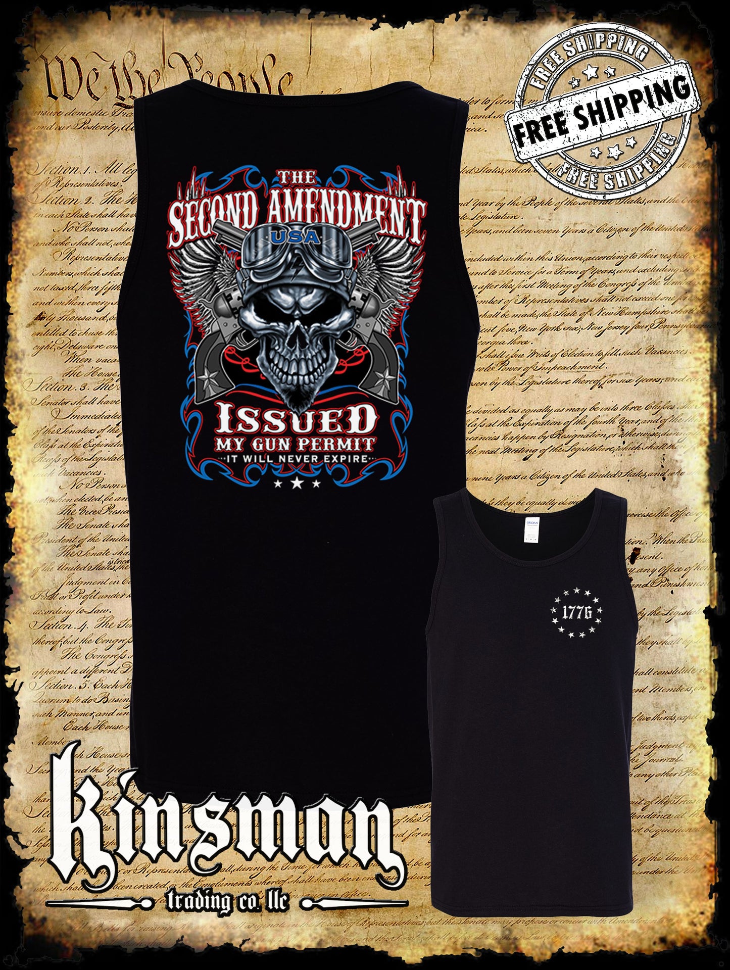 2nd Amendment Issued My Gun Permit 2-Sided Tank Top T-Shirt Never Expires Skull Biker Wings USA