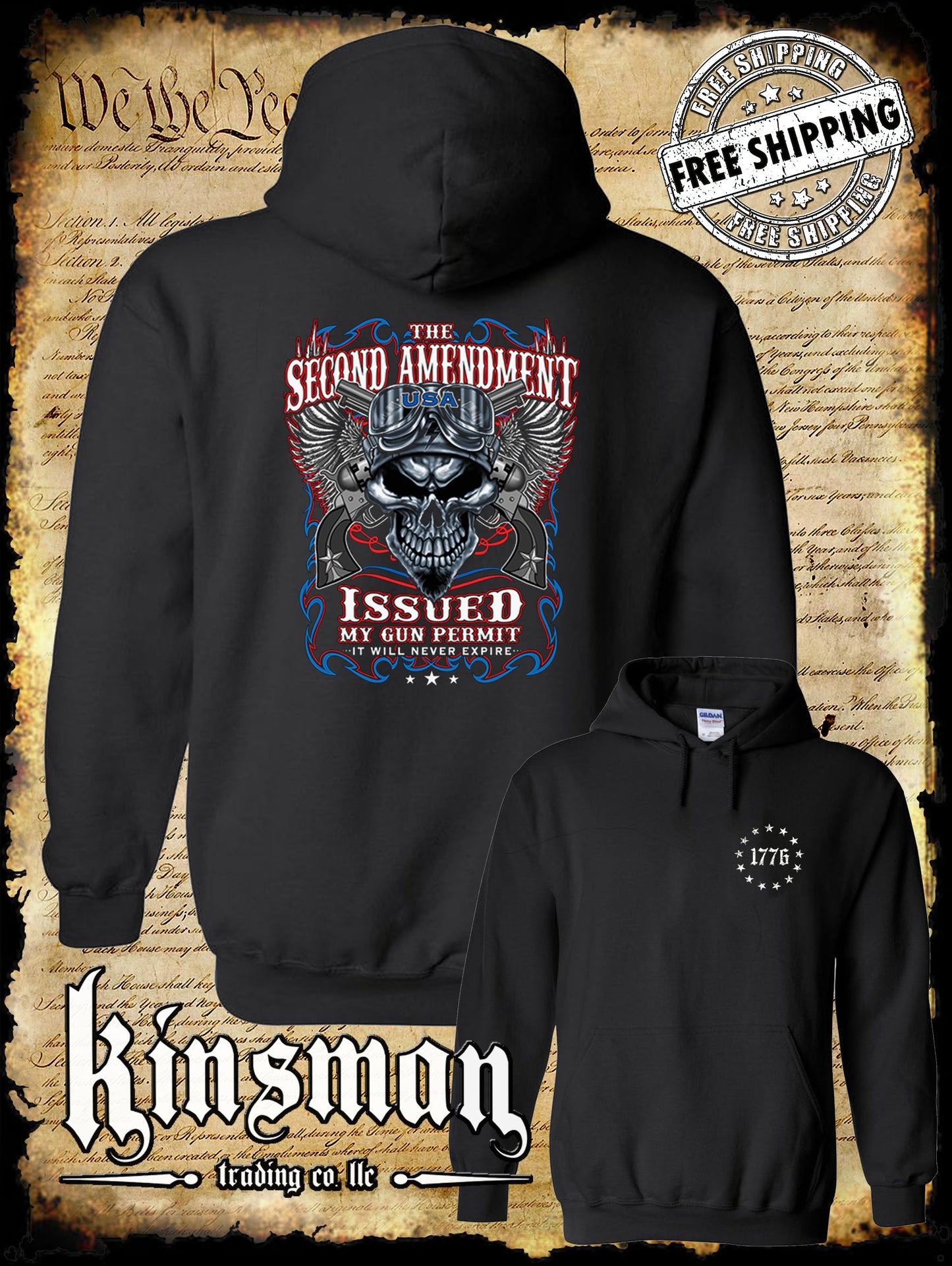 2nd Amendment Issued My Gun Permit Hoodie / Sweatshirt Never Expires Skull Biker Wings USA