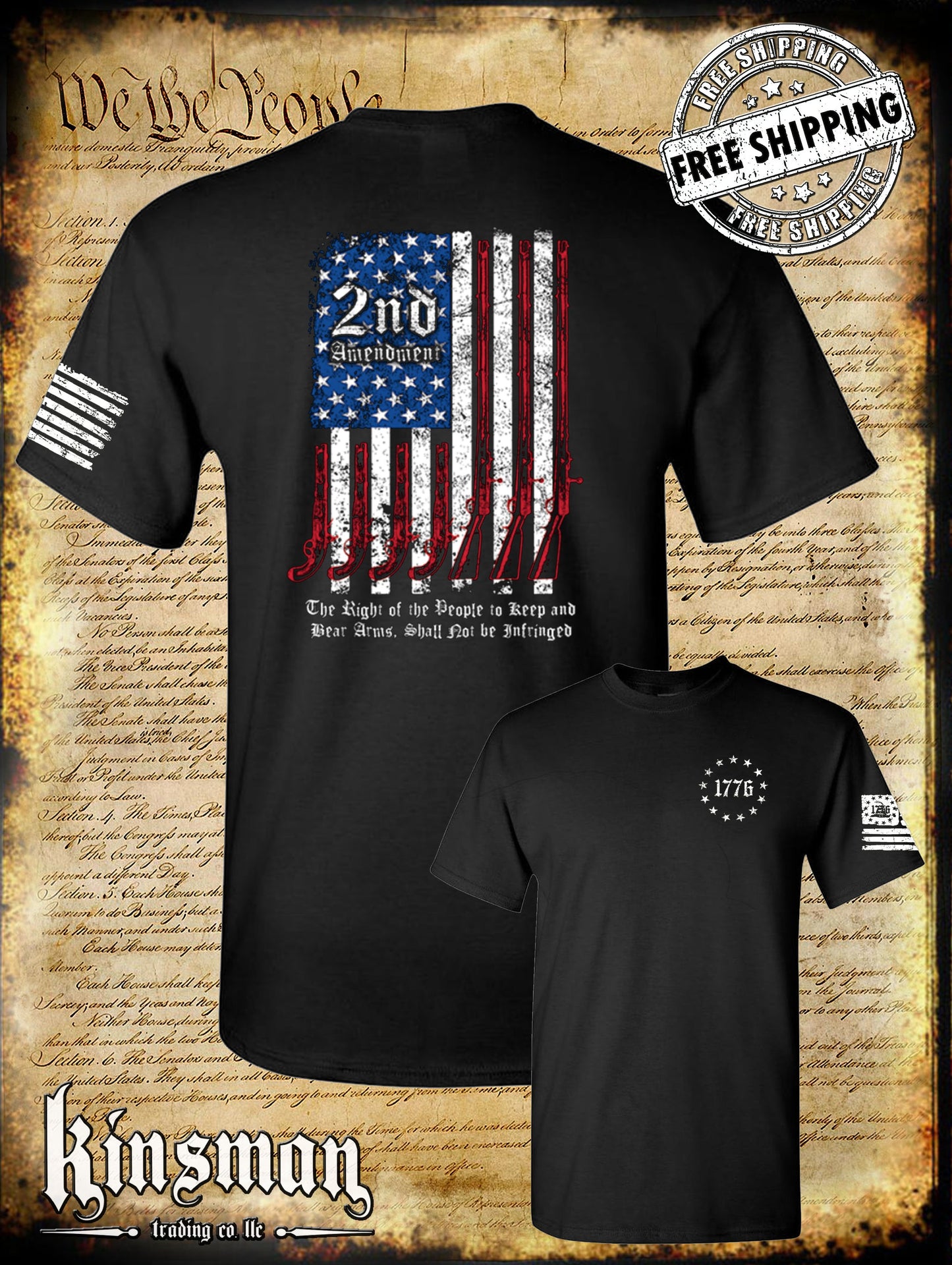 2nd Amendment Script 2-Sided T-Shirt Pro Gun Rights Keep & Bear Firearms American Flag