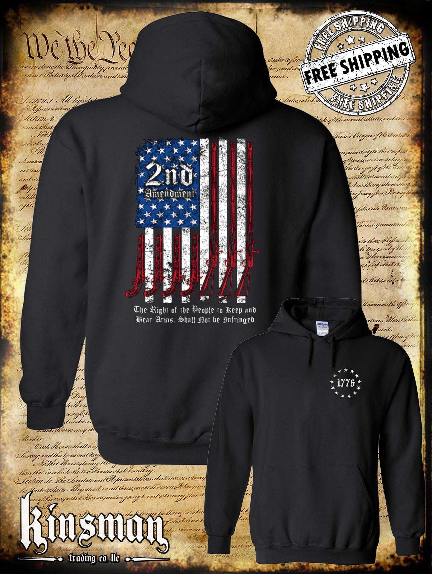 2nd Amendment Script 2-Sided Hoodie / Sweatshirt The Right to Keep & Bear Arms Not Infringed USA