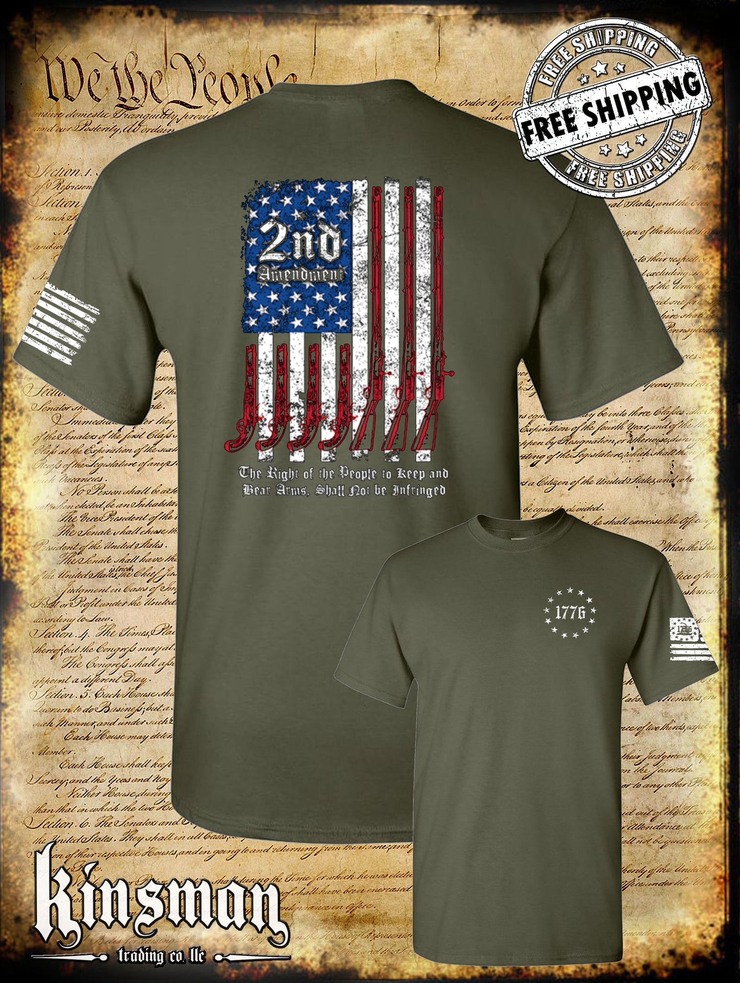 2nd Amendment Script 2-Sided T-Shirt Pro Gun Rights Keep & Bear Firearms American Flag