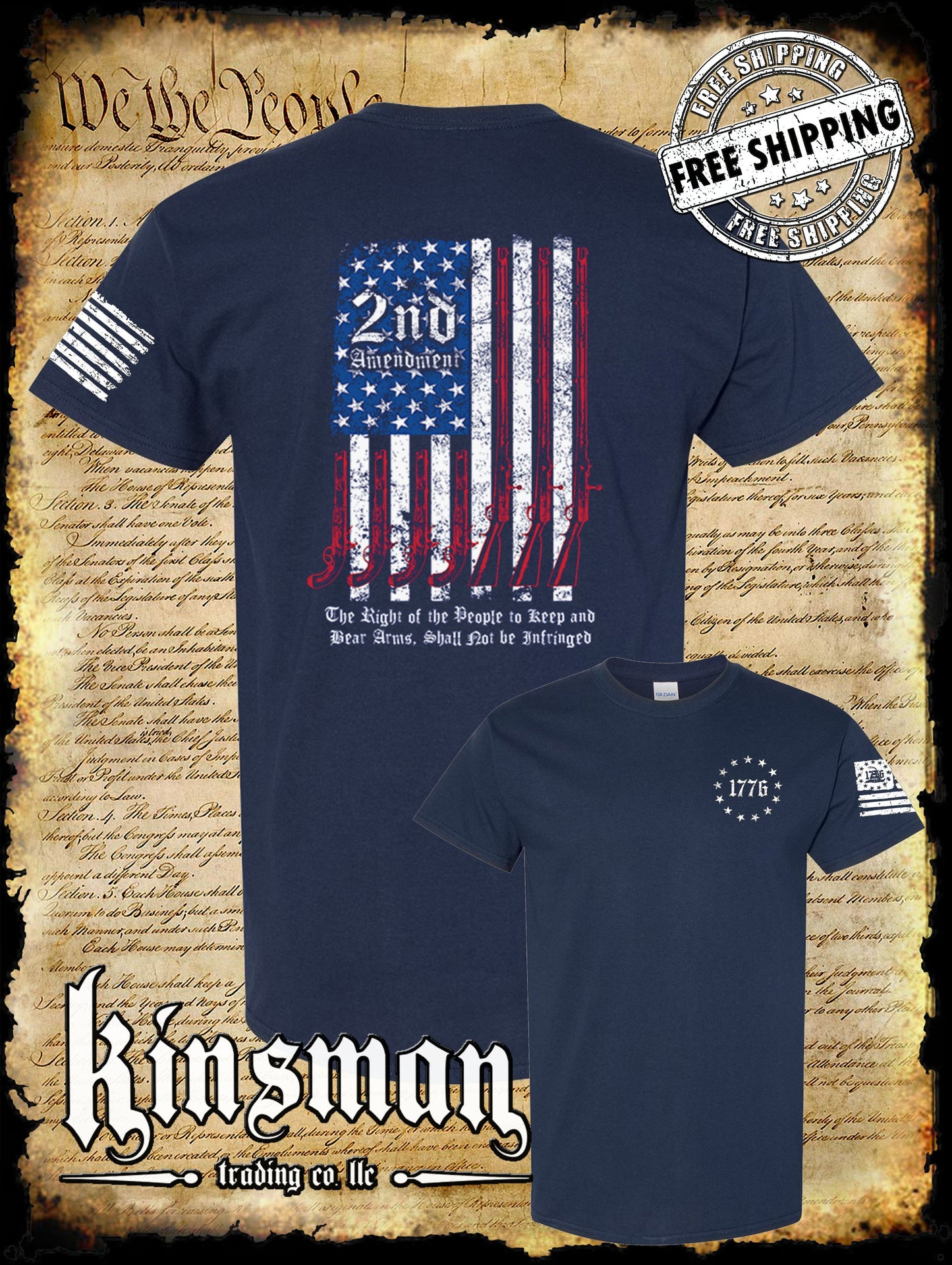2nd Amendment Script 2-Sided T-Shirt Pro Gun Rights Keep & Bear Firearms American Flag