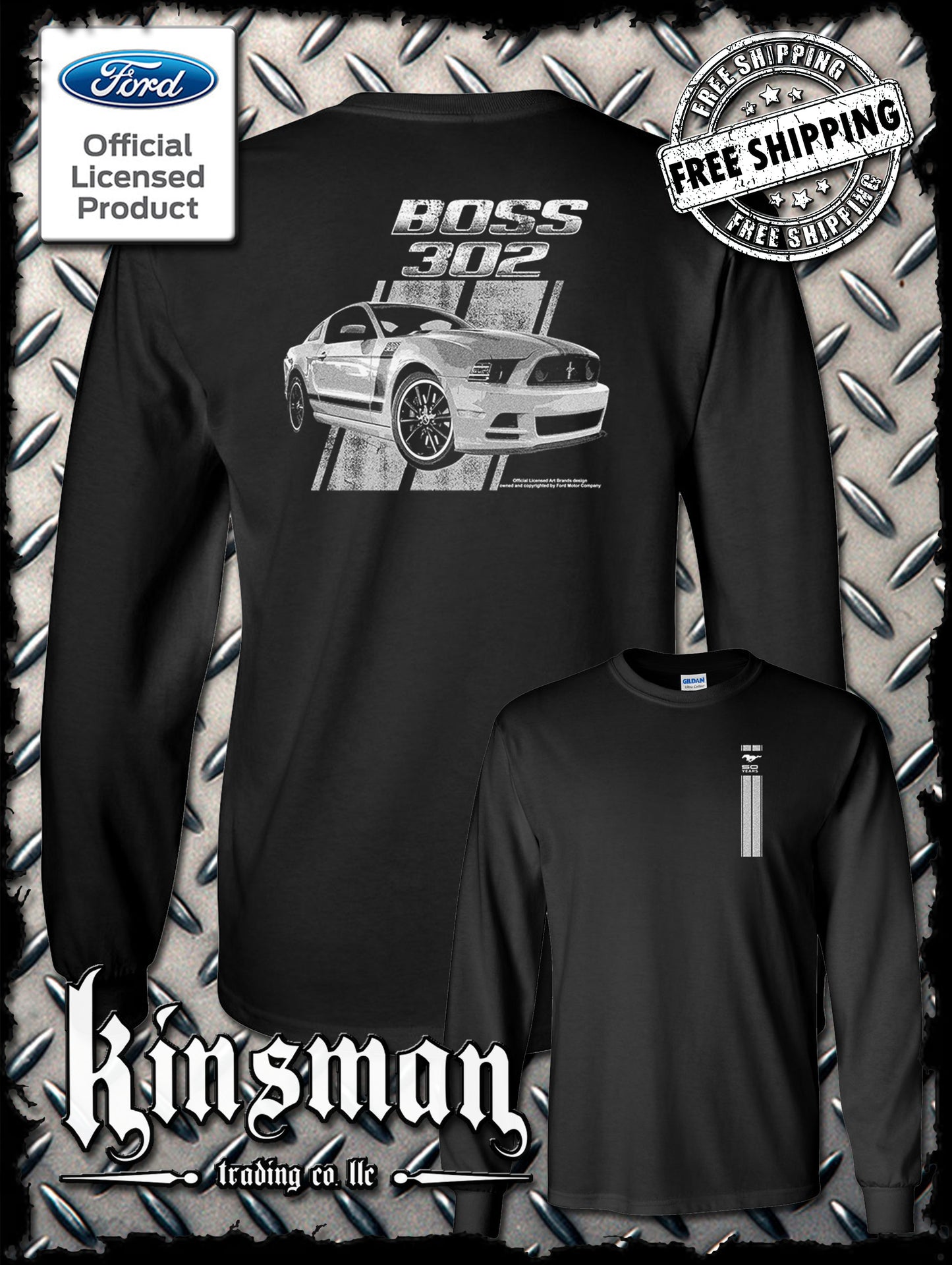 Ford Boss 302 Mustang 50 Years 2-Sided Long Sleeve T-Shirt - Official Licensed Product