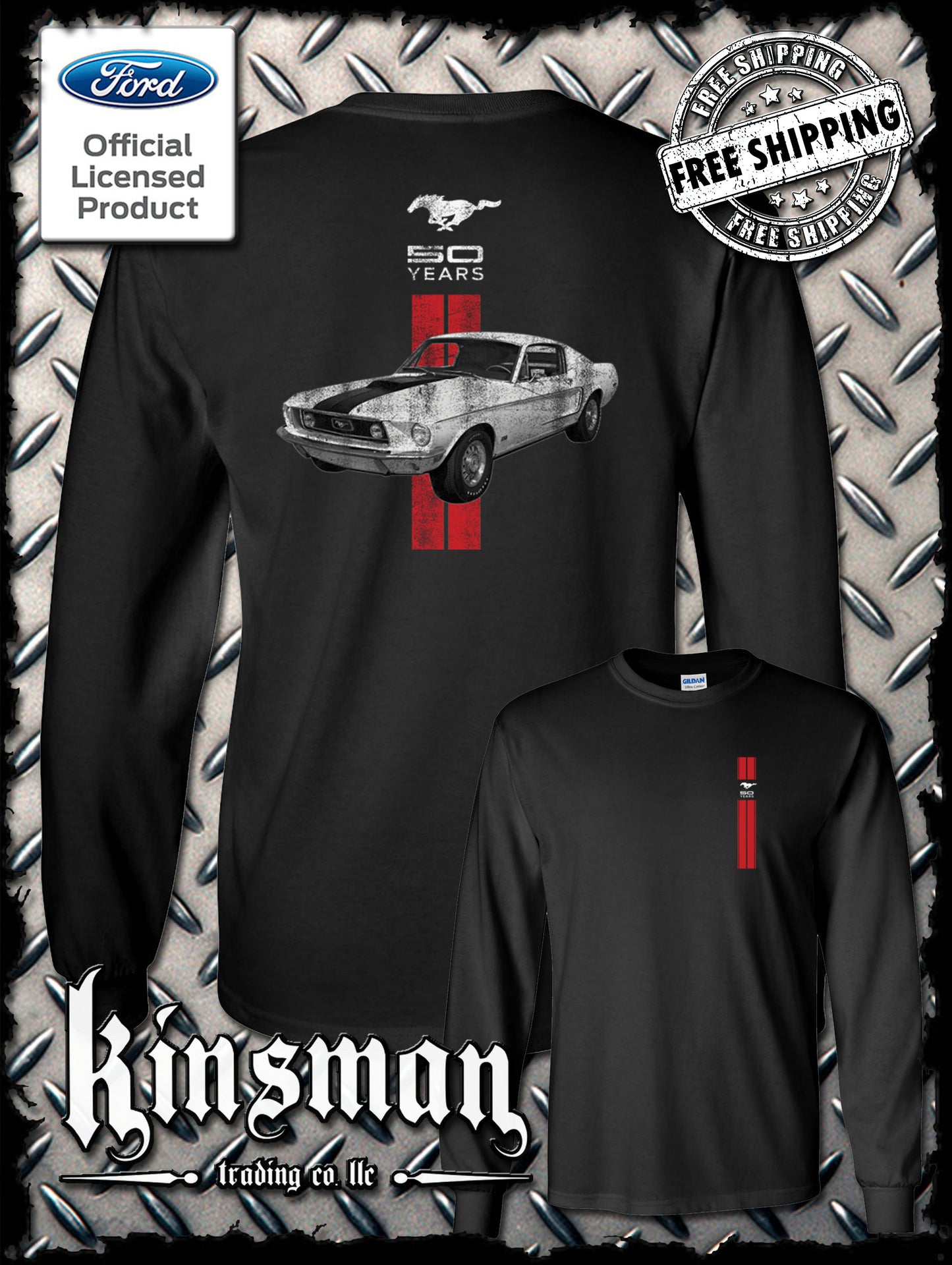 Ford Mustang 50 Years Red Stripe 2-Sided Long Sleeve T-Shirt - Official Licensed Product
