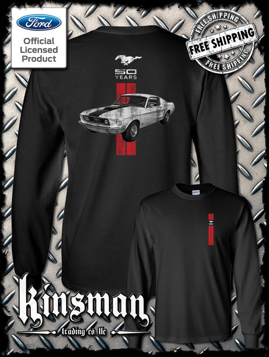 Ford Mustang 50 Years Red Stripe 2-Sided Long Sleeve T-Shirt - Official Licensed Product