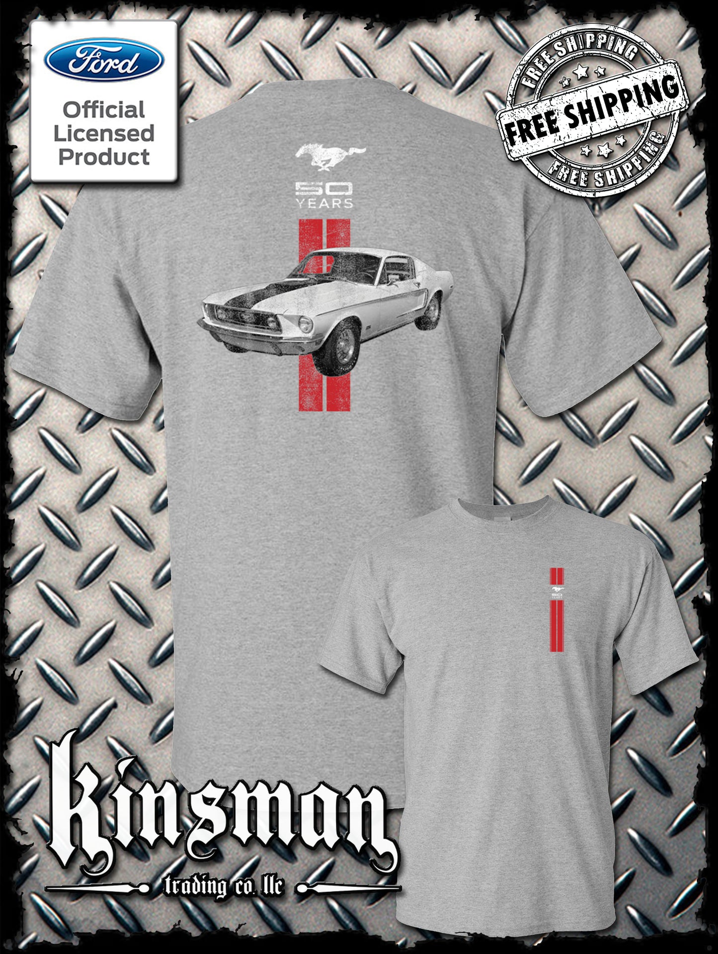 Ford Mustang 50 Years Red Stripe 2-Sided T-Shirt - Official Licensed Product