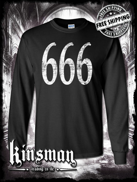 666 Long Sleeve T-Shirt - Triple Six Biker Horror Satanic Halloween Rock Metal
