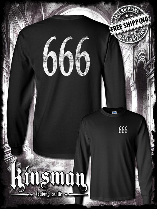 666 2-Sided Long Sleeve T-Shirt - Triple Six Biker Horror Satanic Halloween Rock Metal