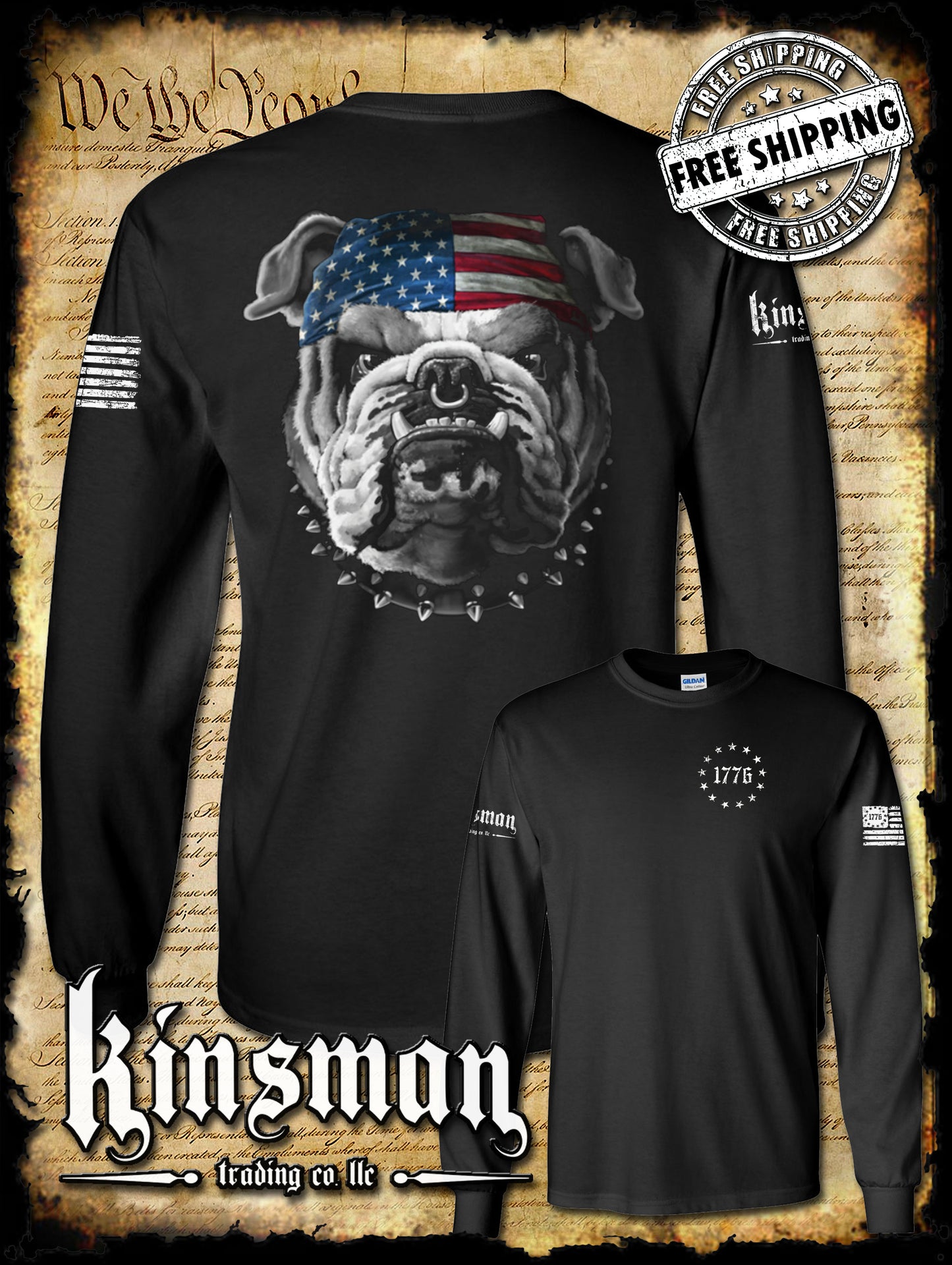 AMERICAN Bulldog 2-Sided Long Sleeve T-Shirt / USA Flag Patriotic Dogs of War Military