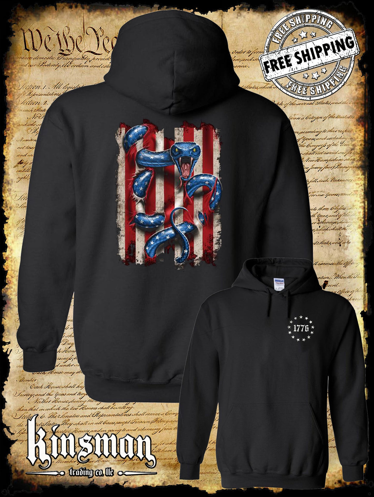 American Serpent 2-Sided Hoodie / Sweatshirt USA Flag 2nd Amendment Snake