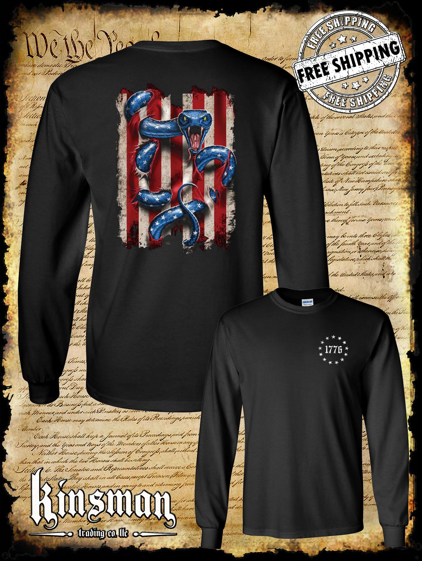 American Serpent 2-Sided Long Sleeve T-Shirt / USA Flag 2nd Amendment Snake