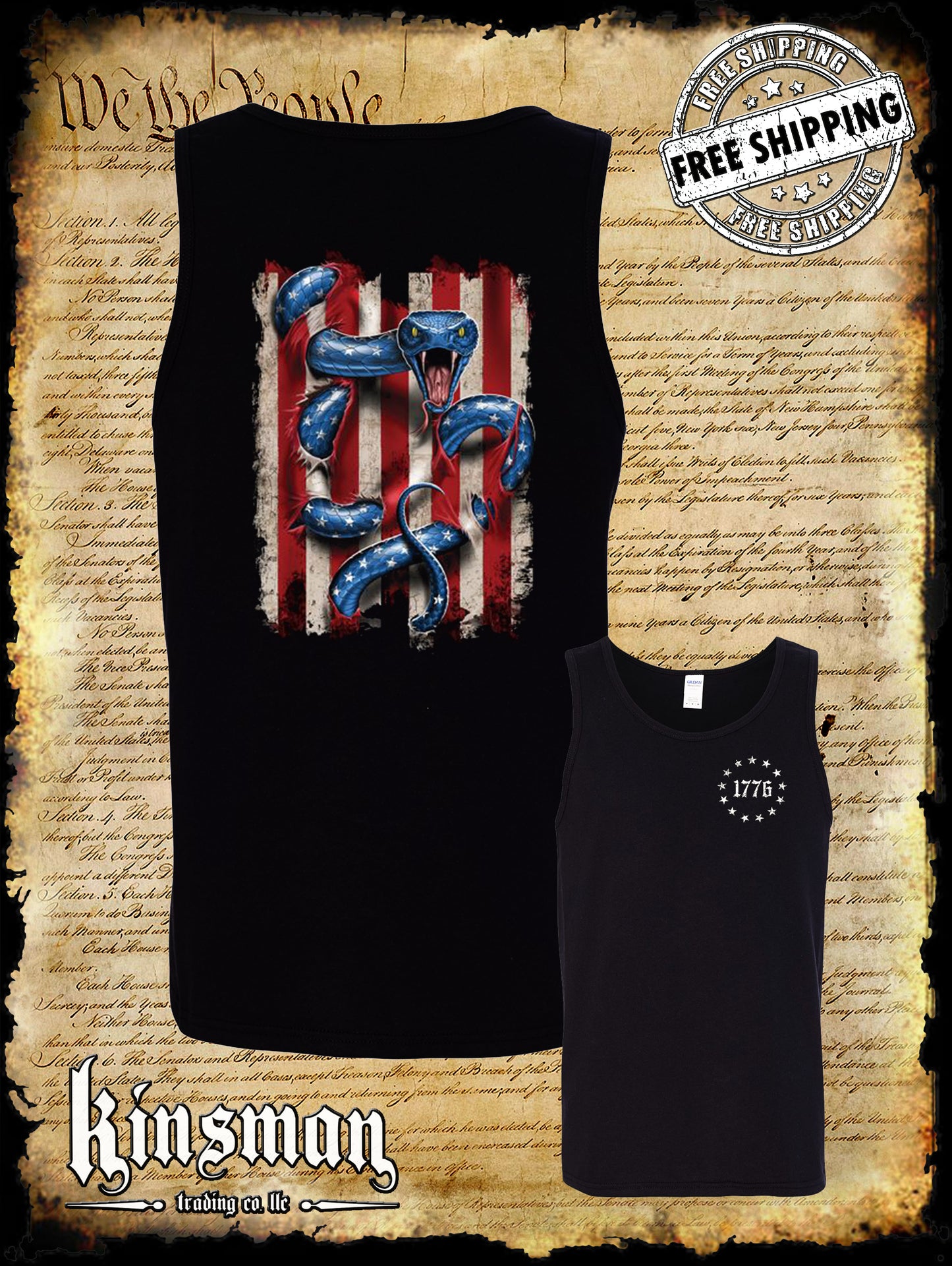 American Serpent 2-Sided Tank Top T-Shirt / USA Flag 2nd Amendment Snake