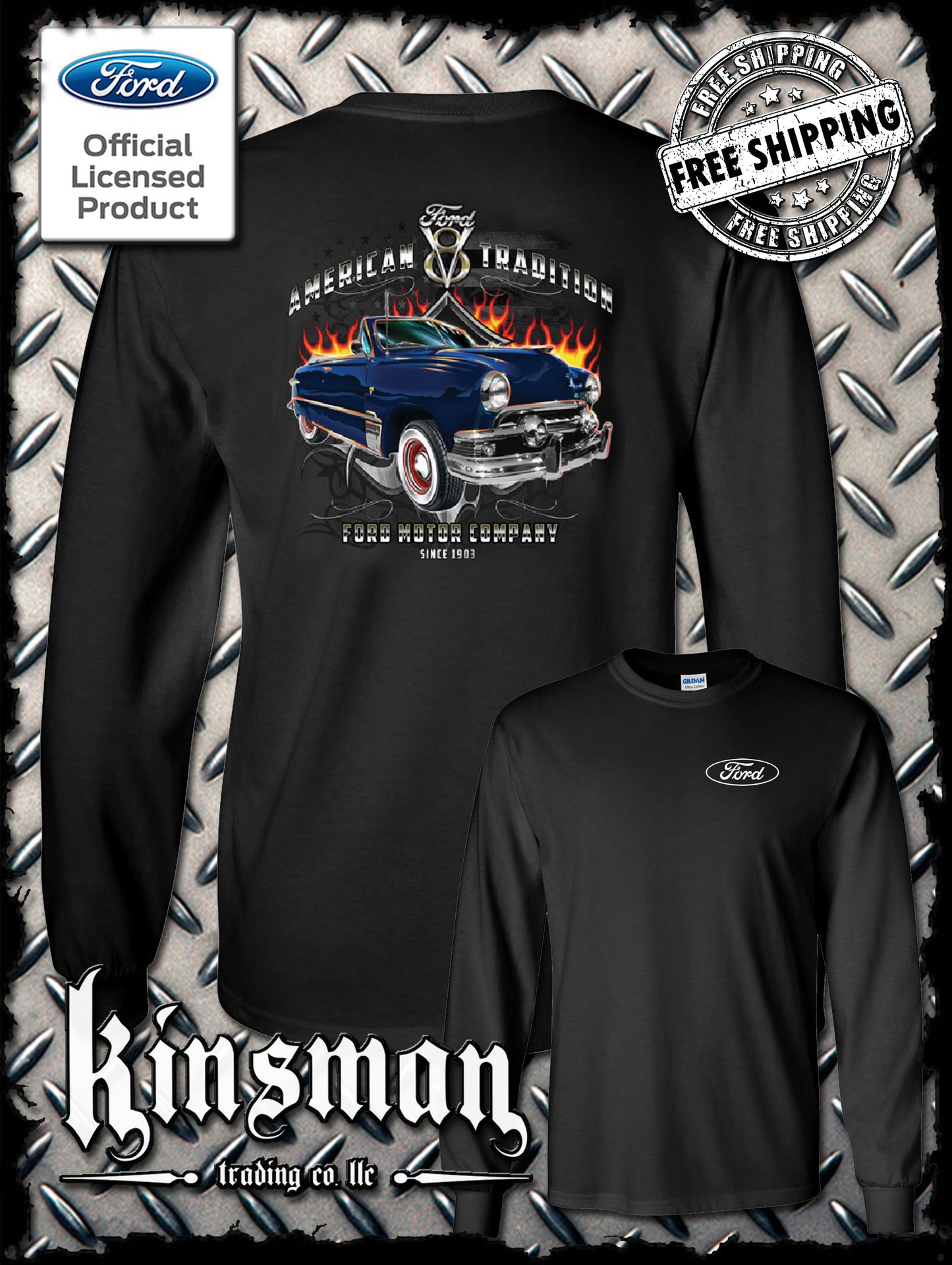 Ford Motor Company American Tradition Since 1903 Long Sleeve 2-Sided T-Shirt V8 Mustang F-150