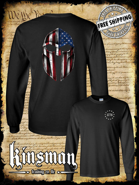 American Flag Gladiator / Spartan Viking Helmet 2-Sided Long Sleeve T-Shirt - Freedom USA Pride
