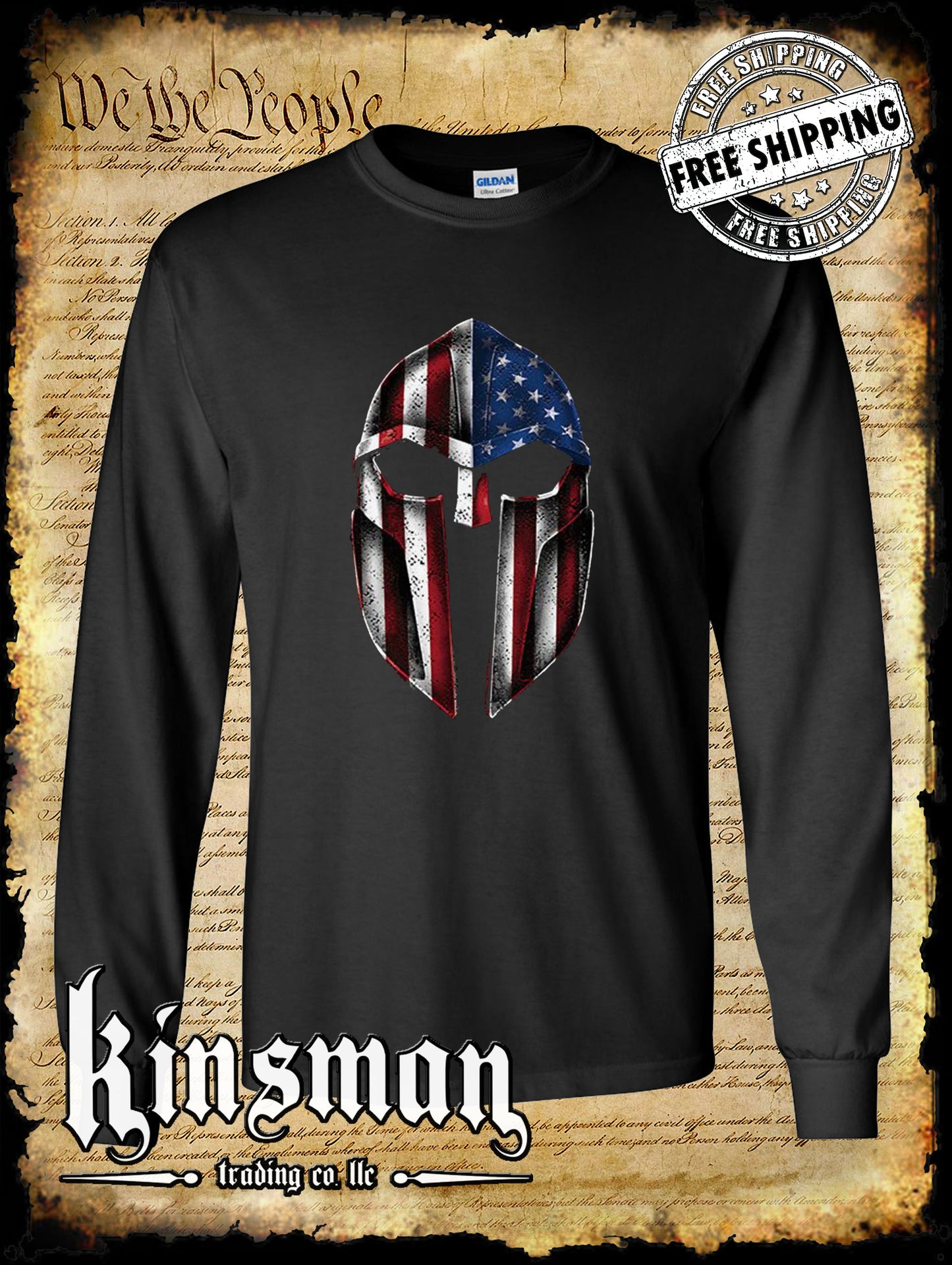 American Flag Gladiator / Spartan Viking Helmet Long Sleeve T-Shirt - Freedom USA Pride
