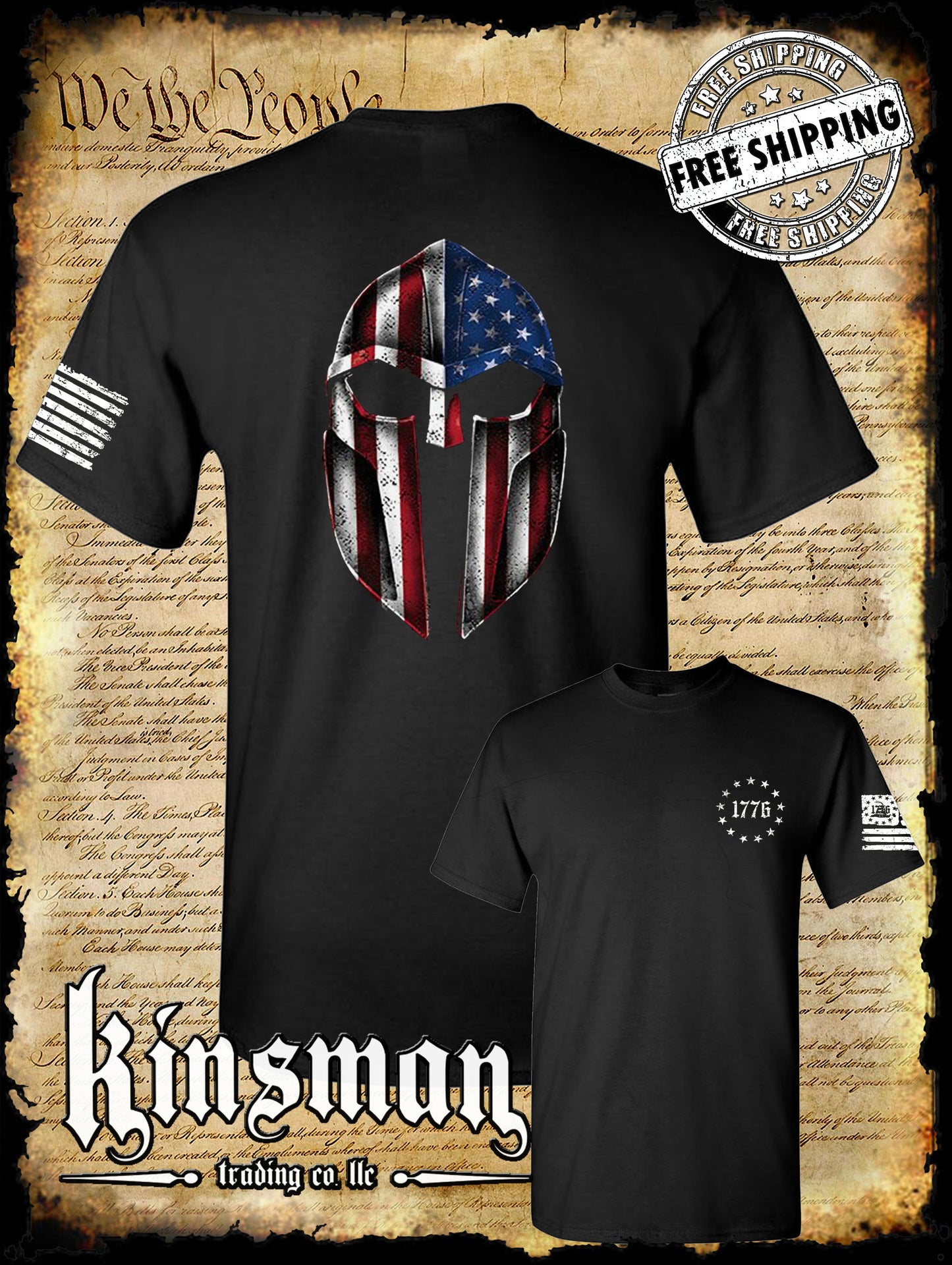 American Flag Gladiator / Spartan Viking Helmet 2-Sided T-Shirt - Freedom USA Pride