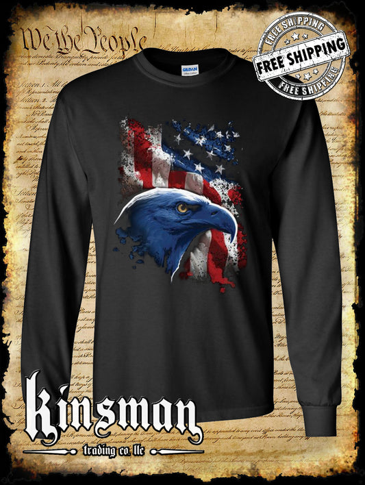 American Icon Bald Eagle Long Sleeve T-Shirt - American Flag 4th of July Patriotic USA